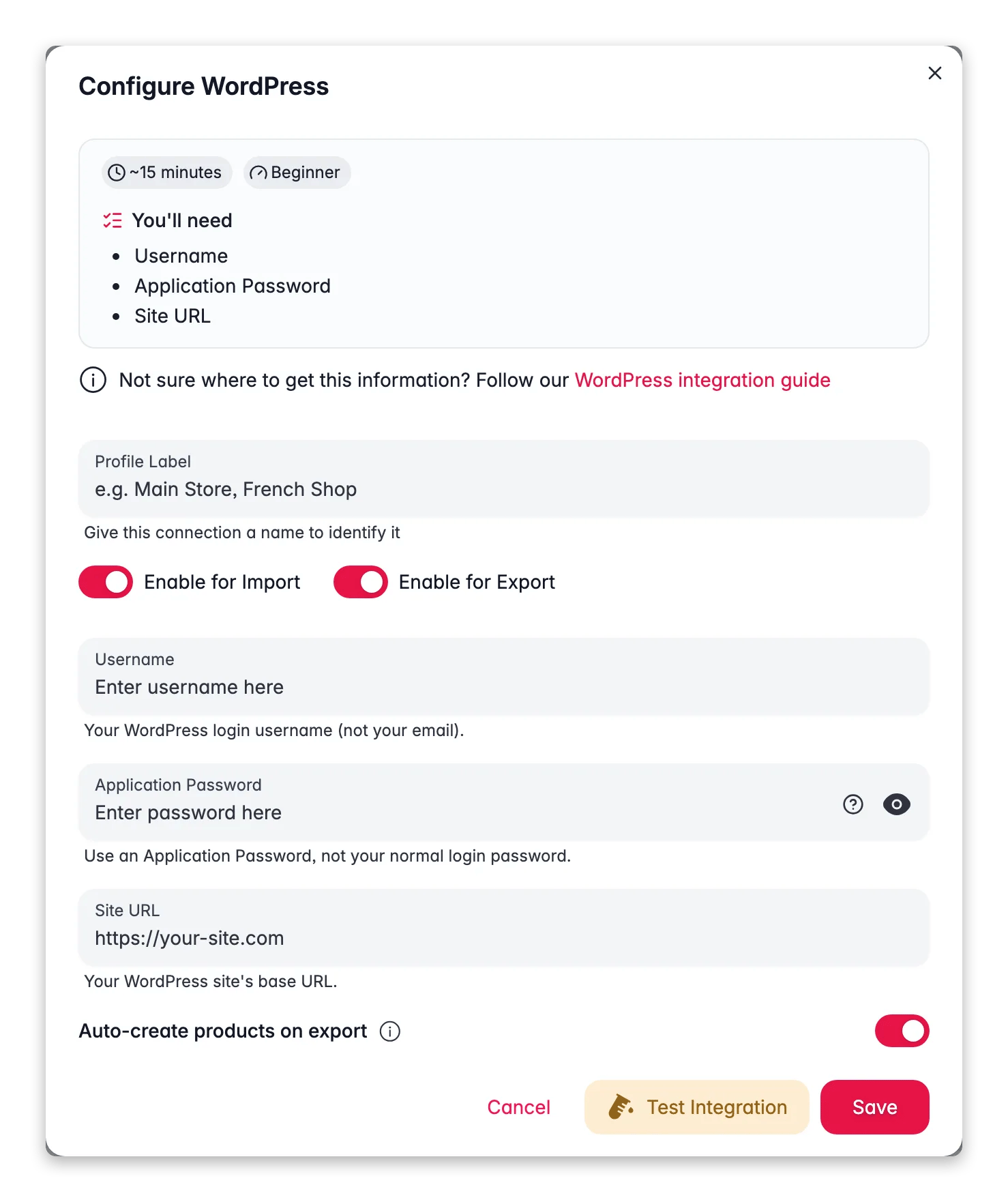 Connecting WordPress to WISEPIM, username, application password, site URL and a live connection test