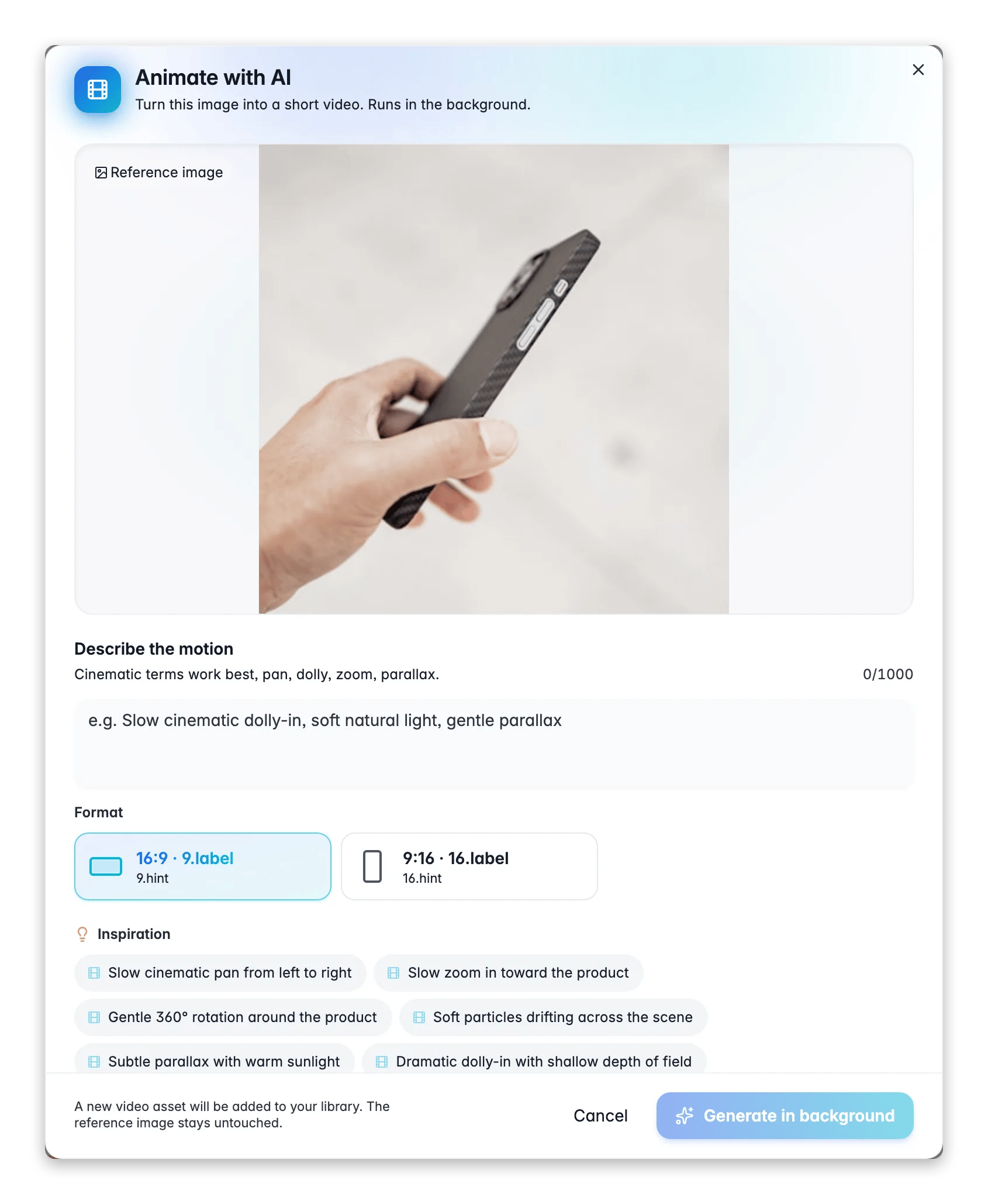Animating a product image into a short video with AI in WISEPIM