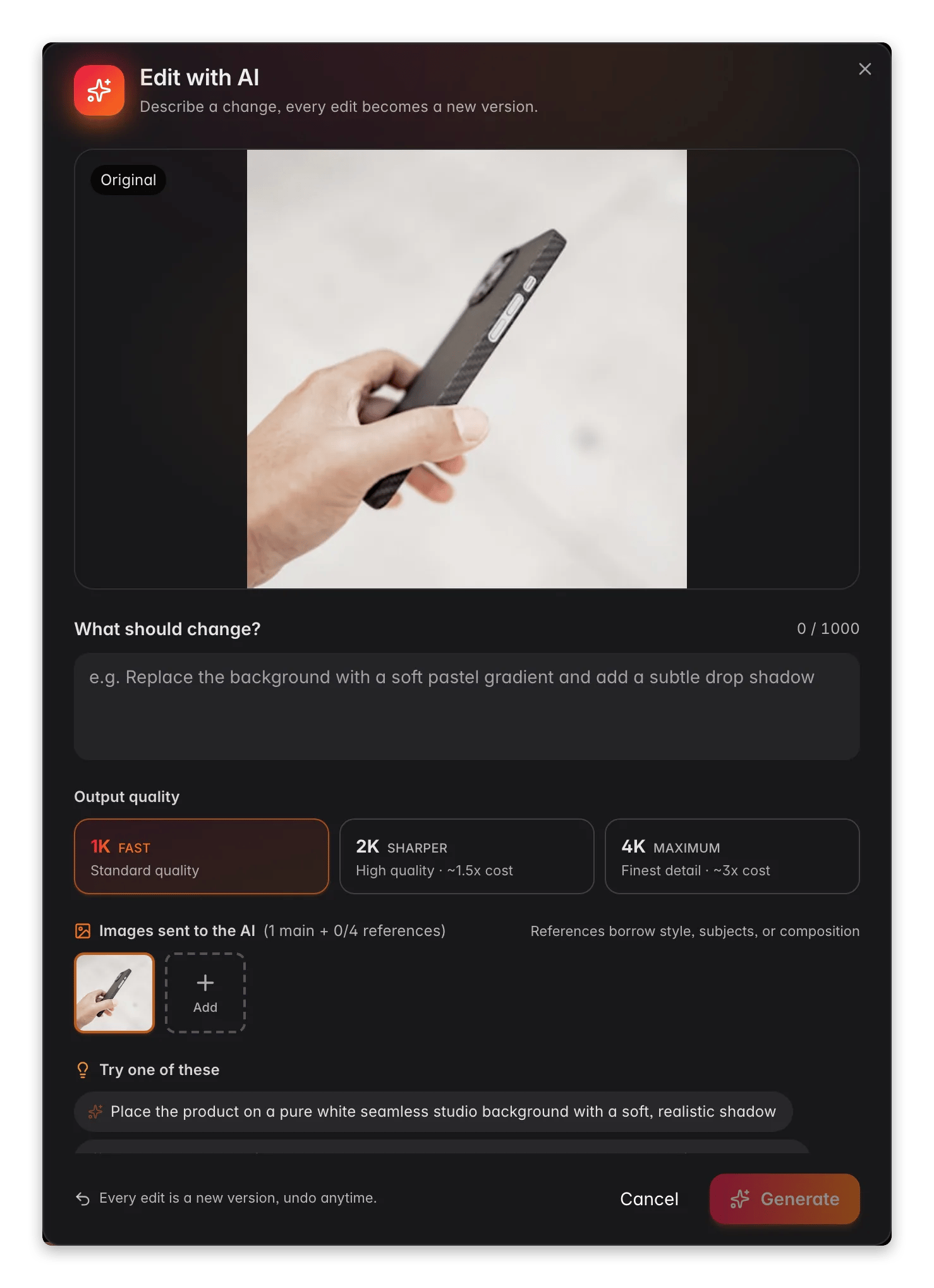 Editing a product image with AI in WISEPIM, with prompt, reference images and output quality