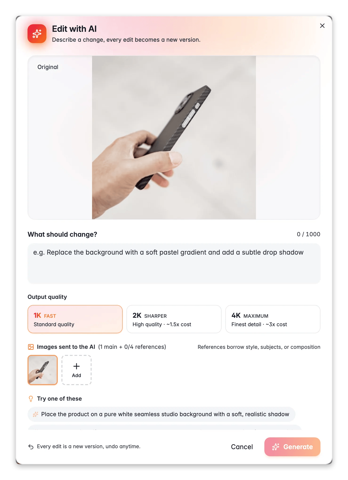 Editing a product image with AI in WISEPIM, with prompt, reference images and output quality