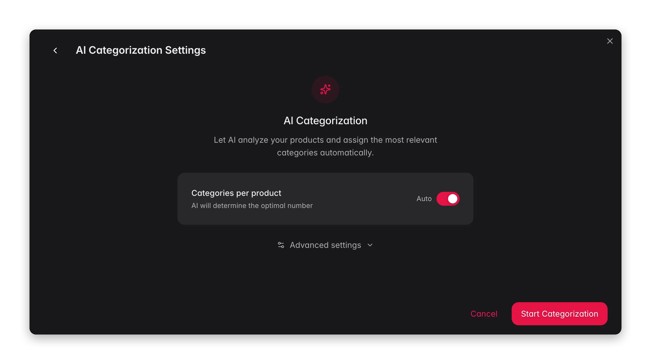 AI Categorization settings in WISEPIM, confidence threshold and category count options