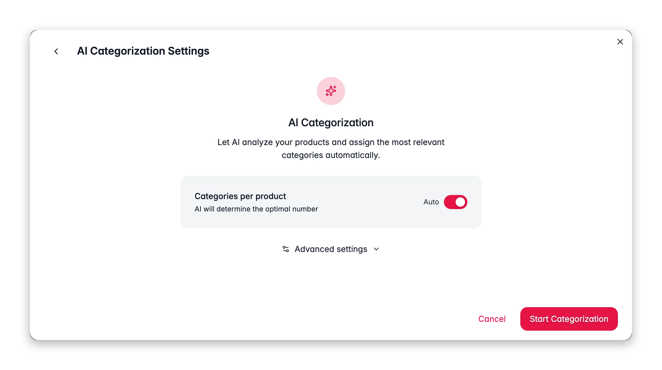 AI Categorization settings in WISEPIM, confidence threshold and category count options