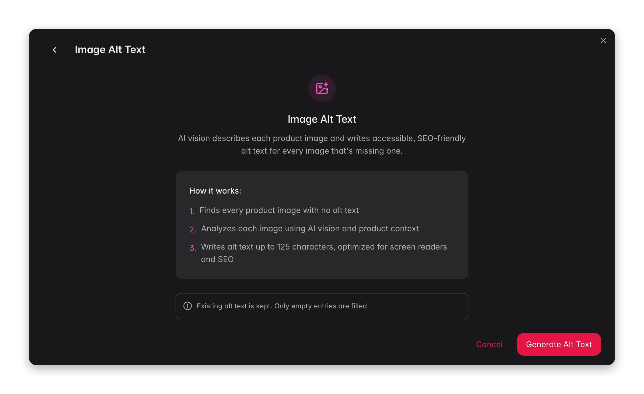 Image Alt Text enrichment in WISEPIM, AI vision writes alt text for product images