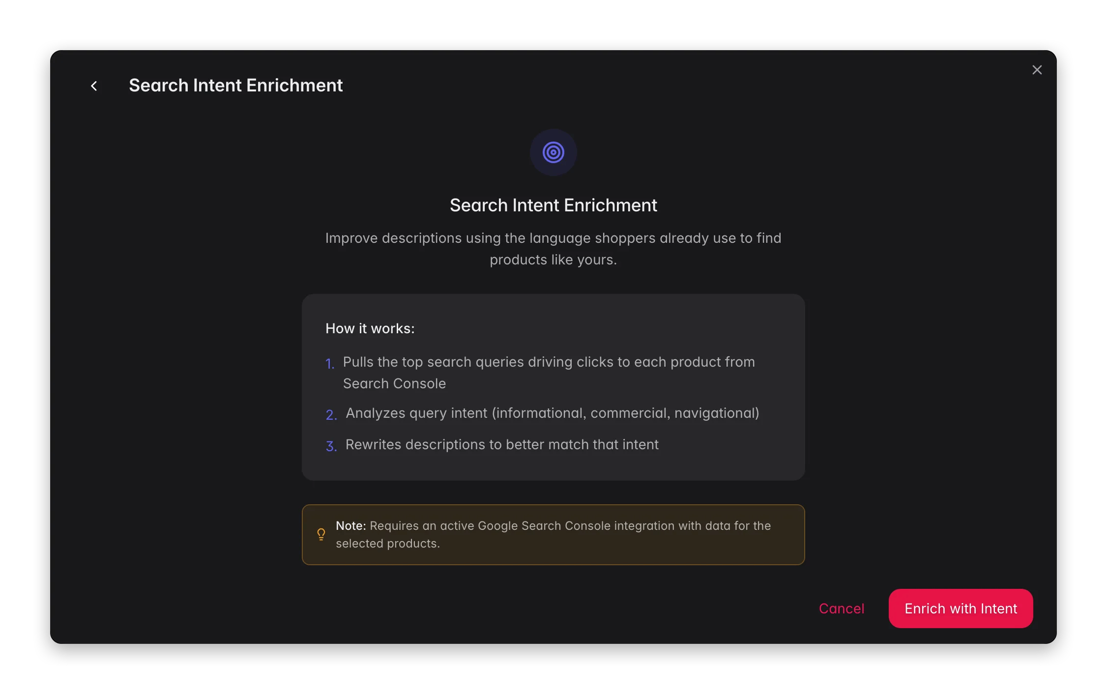 Search Intent enrichment in WISEPIM, rewrites descriptions to match real GSC search queries