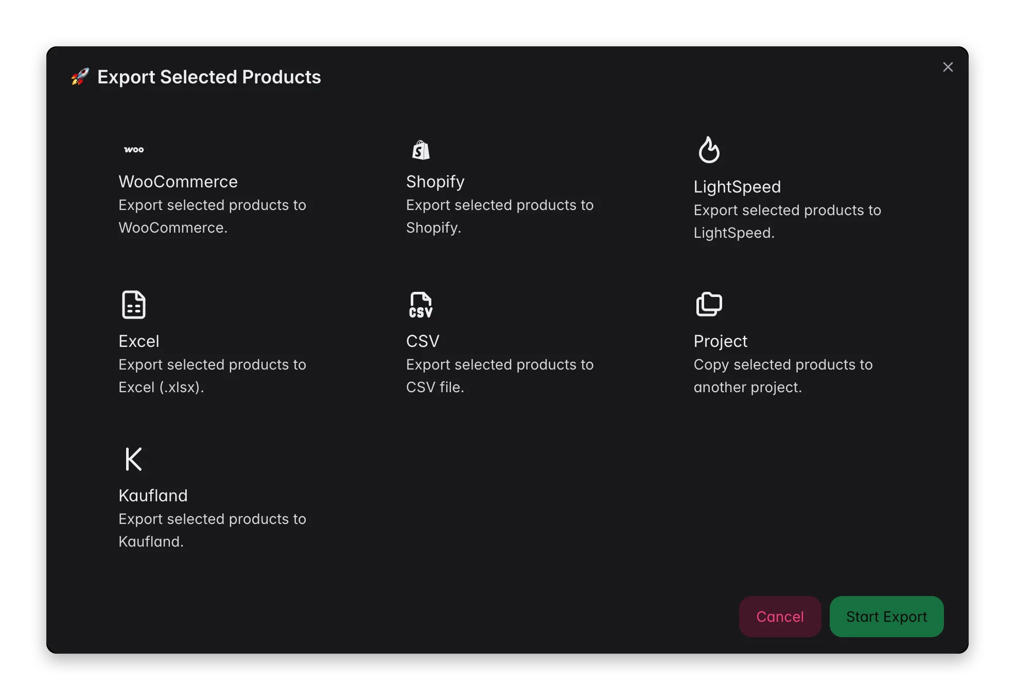 Exporting selected products from WISEPIM to a store, marketplace, data platform or file