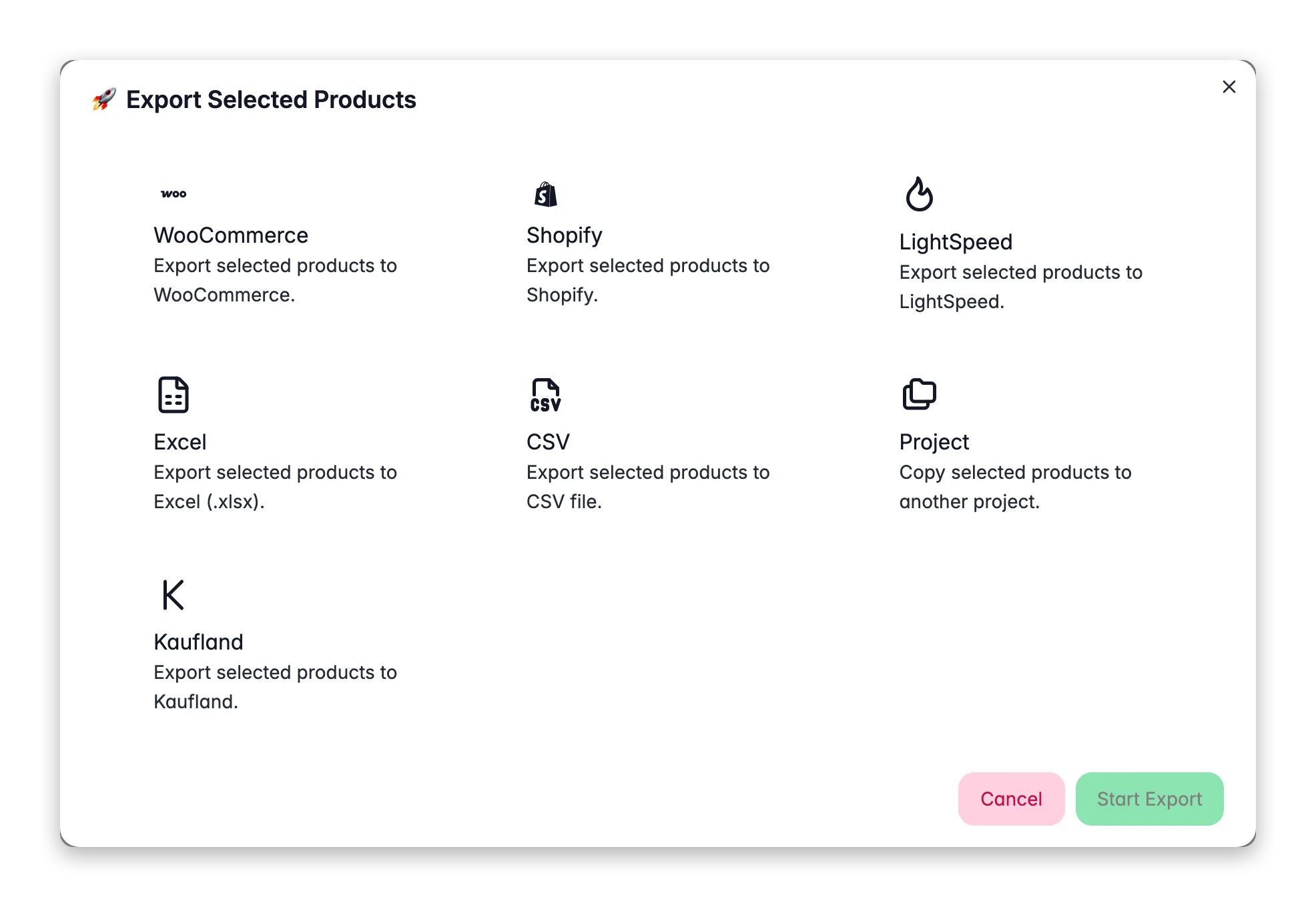 Exporting selected products from WISEPIM to a store, marketplace, data platform or file