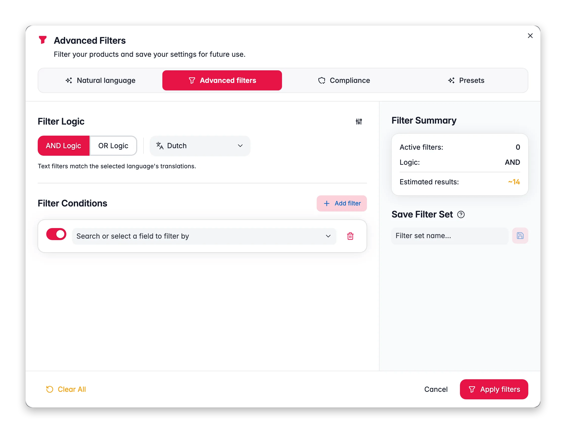 Building advanced product filter conditions in WISEPIM