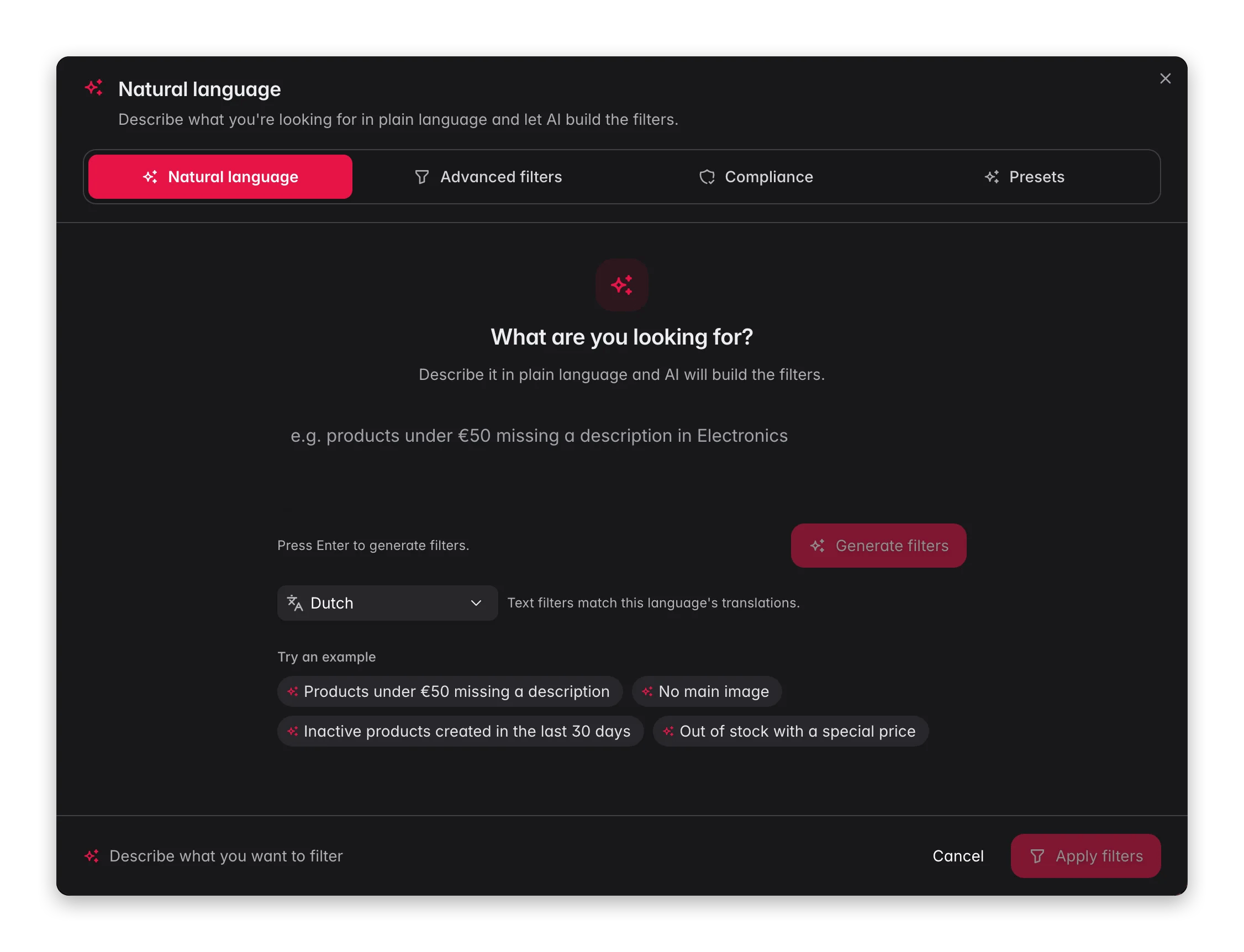 Describing a product filter in plain language in WISEPIM