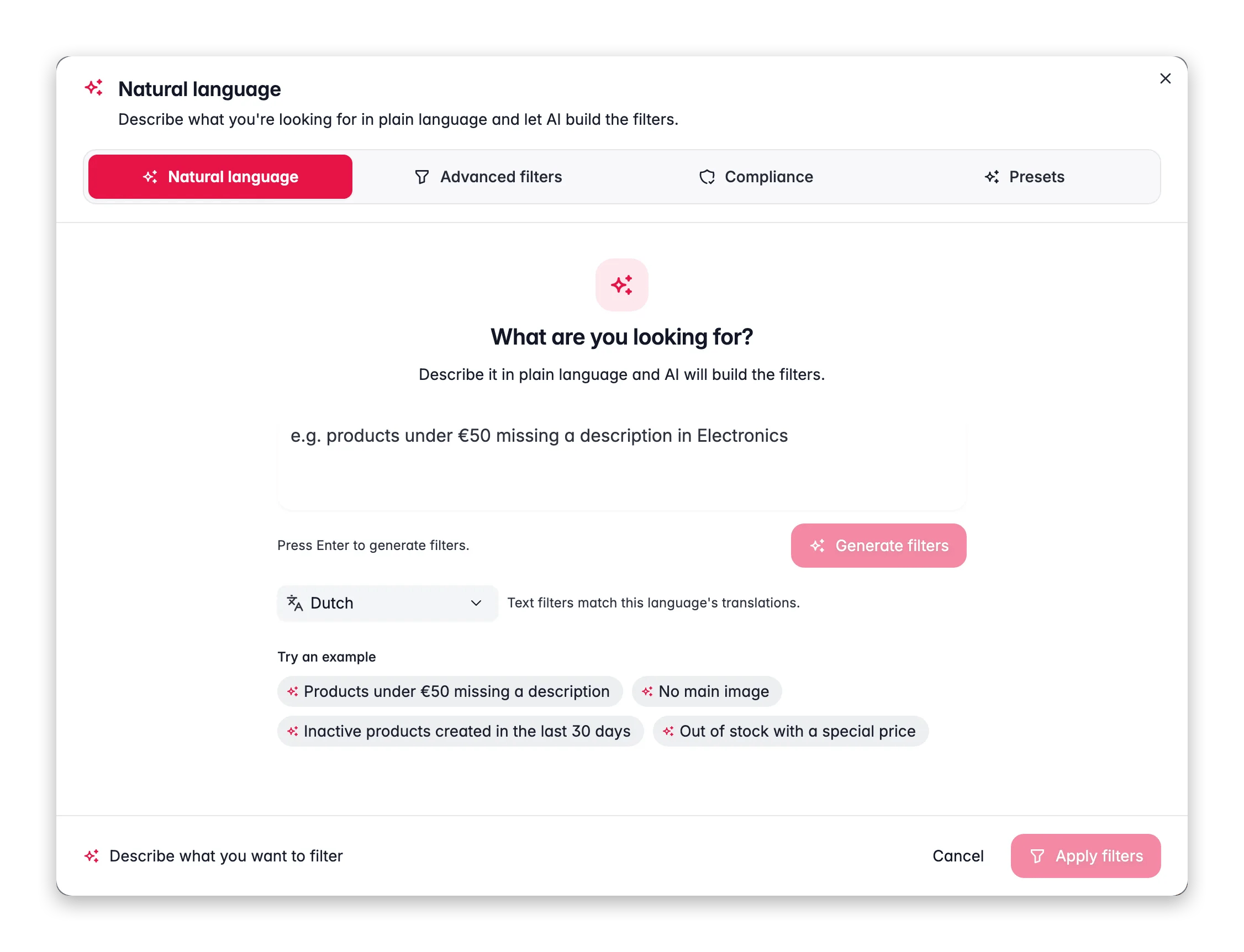 Describing a product filter in plain language in WISEPIM