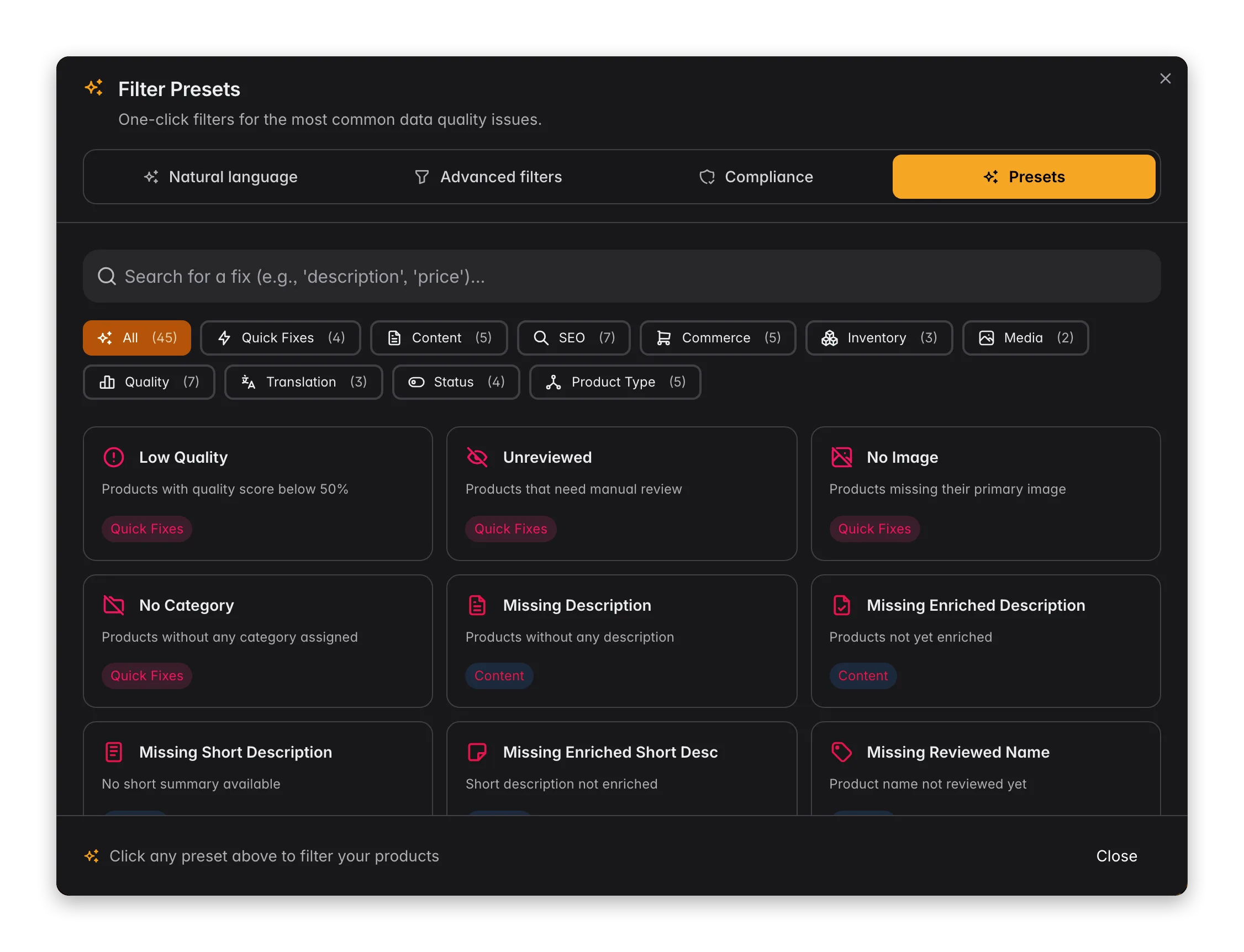 One-click data quality preset filters in WISEPIM