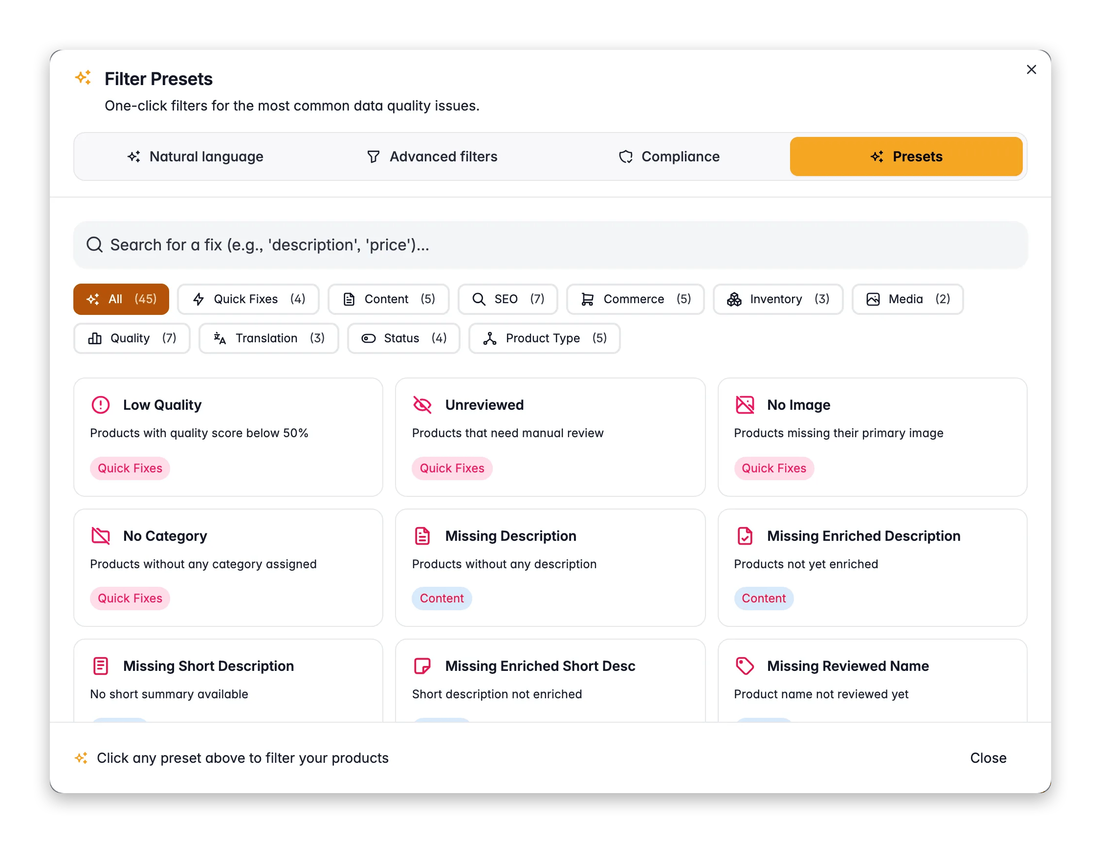 One-click data quality preset filters in WISEPIM