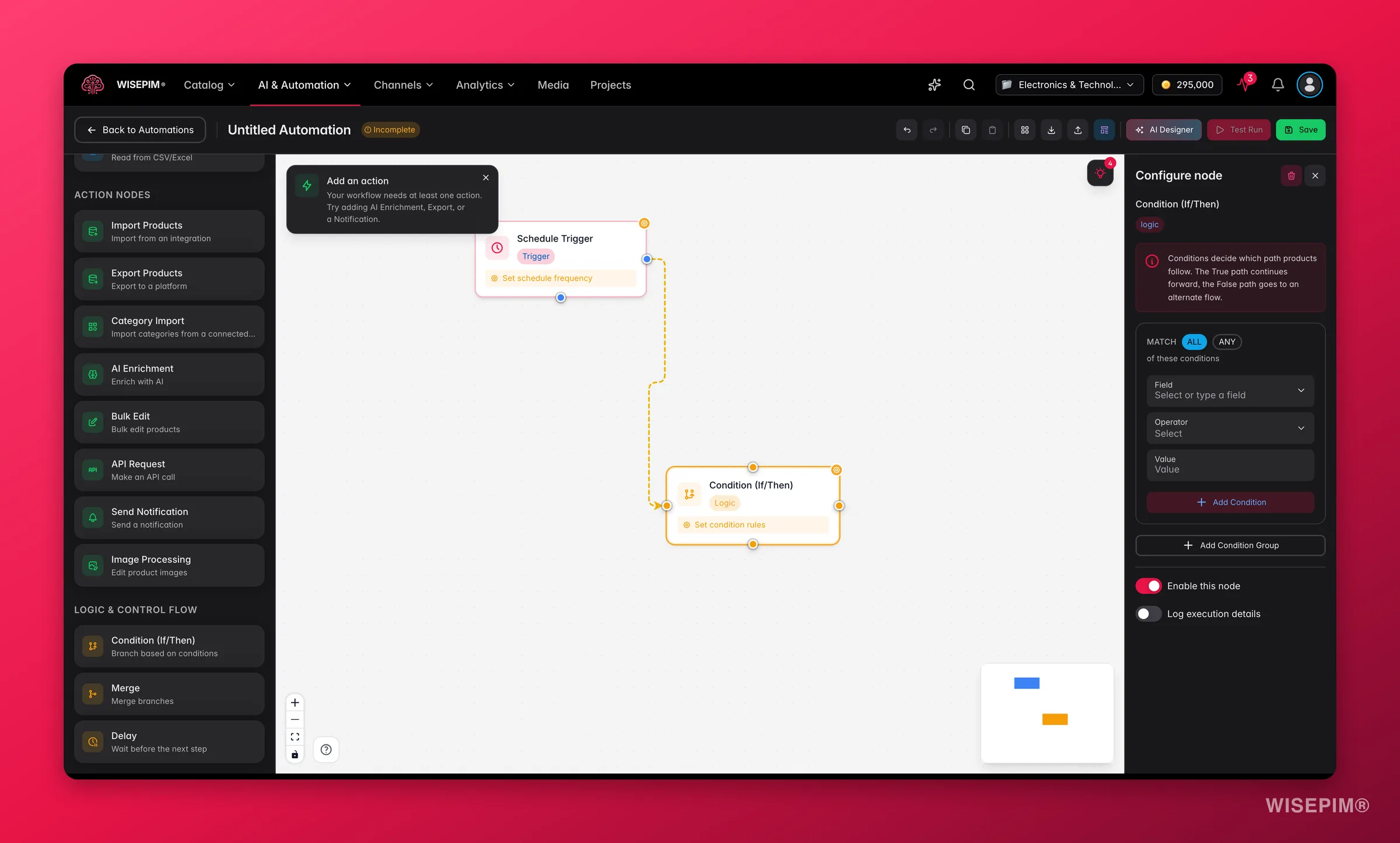 WISEPIM automation - condition (if/then) logic node config with condition groups in the builder
