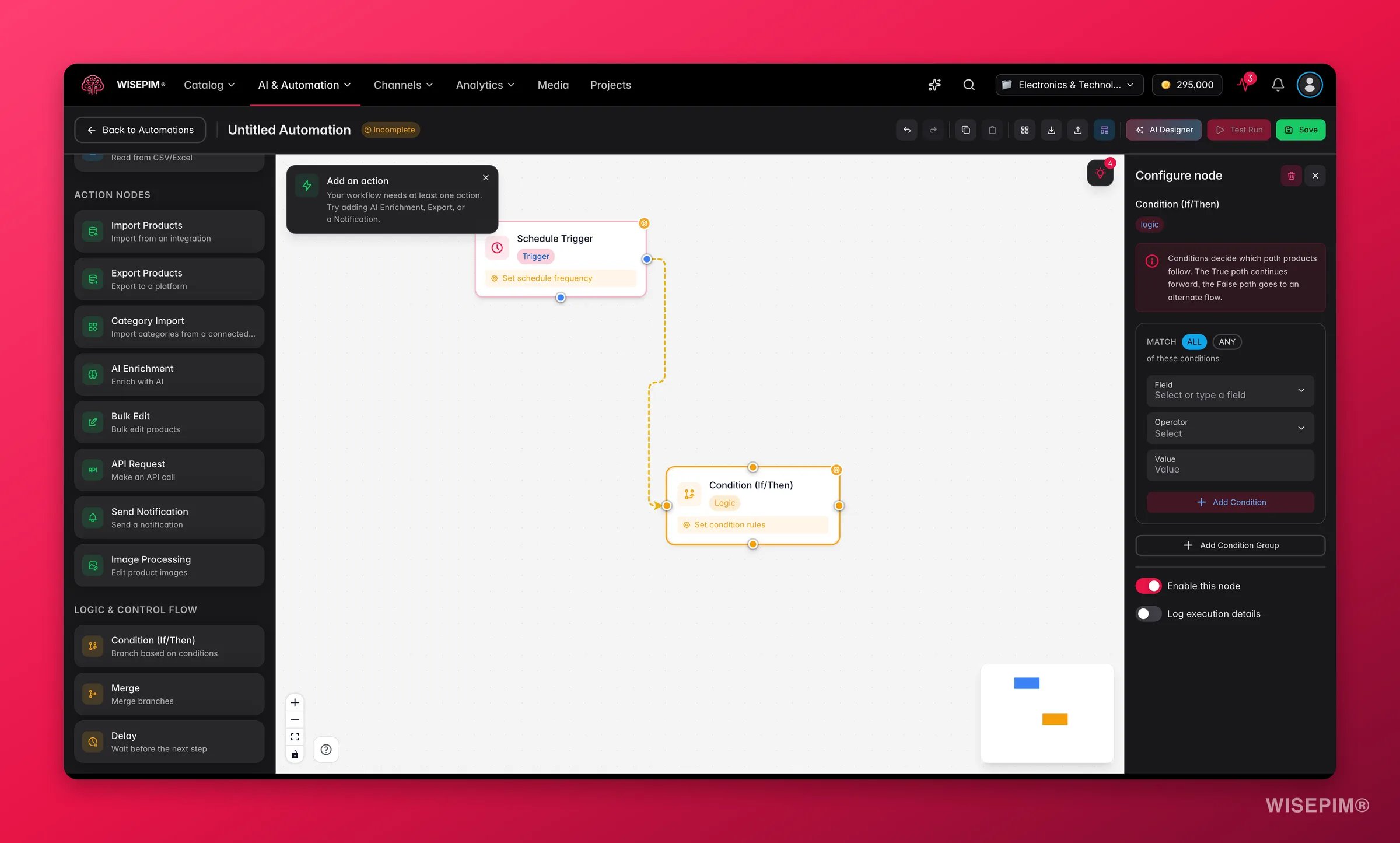 WISEPIM automation - condition (if/then) logic node config with condition groups in the builder