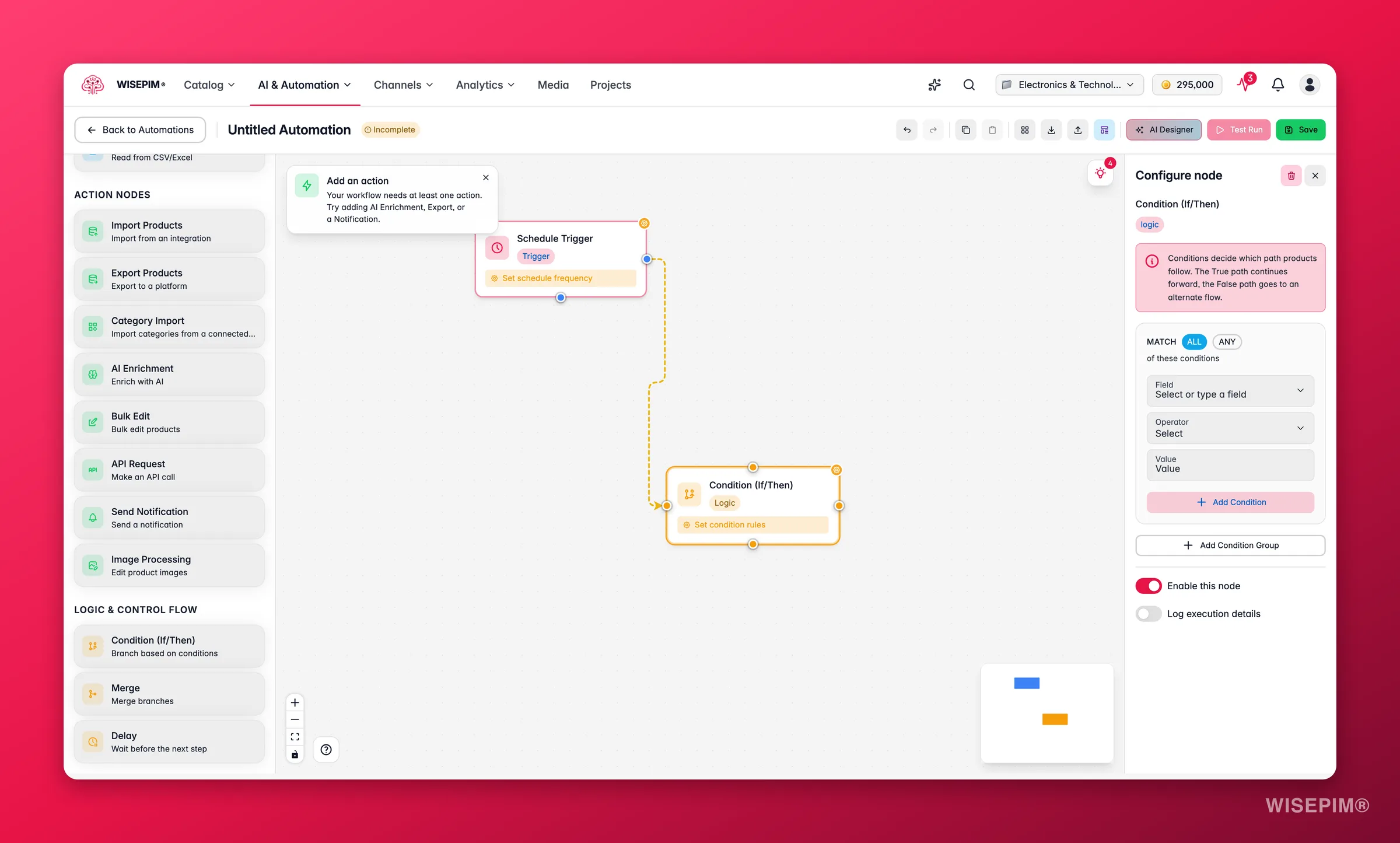 WISEPIM automation - condition (if/then) logic node config with condition groups in the builder