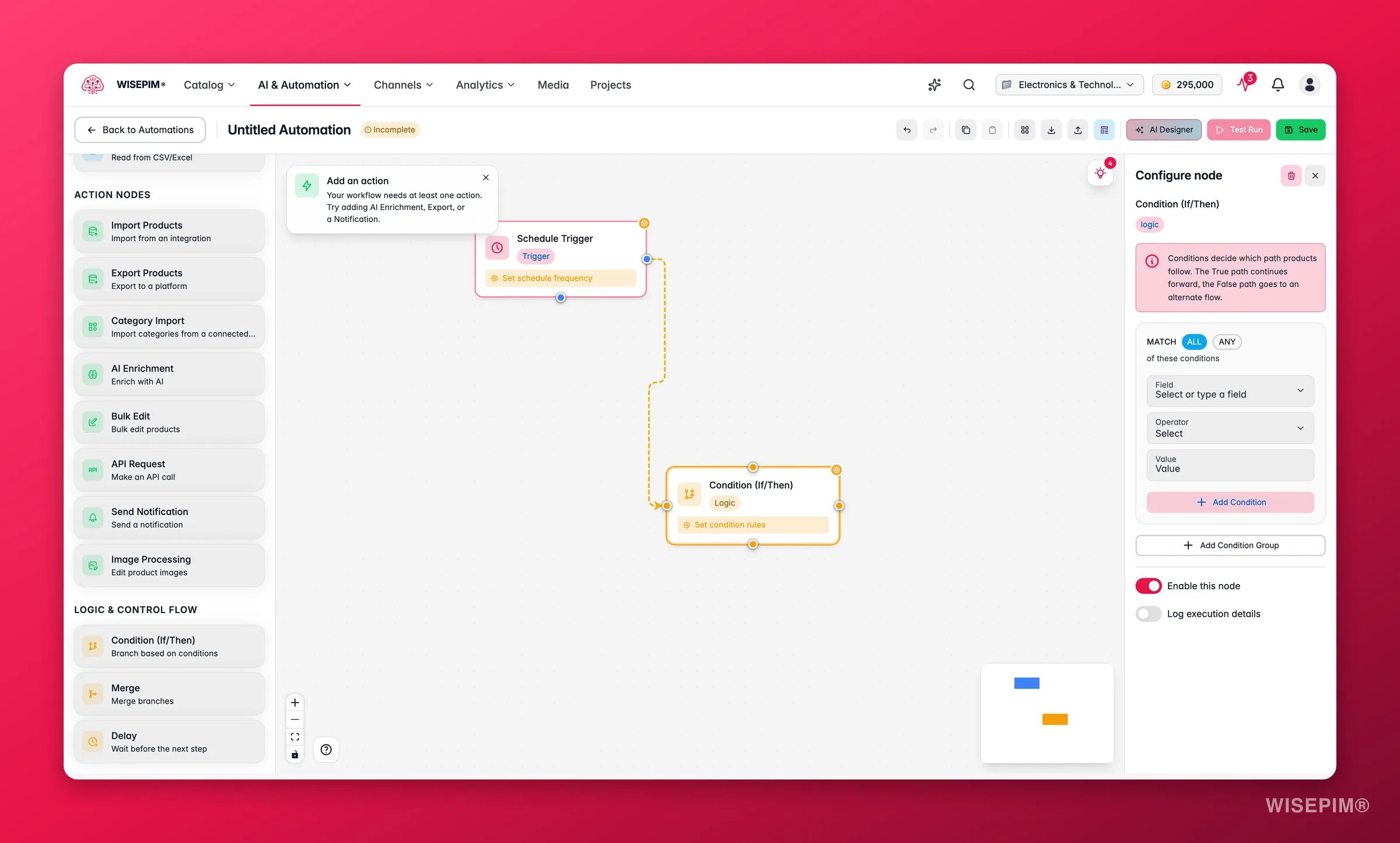 WISEPIM automation - condition (if/then) logic node config with condition groups in the builder