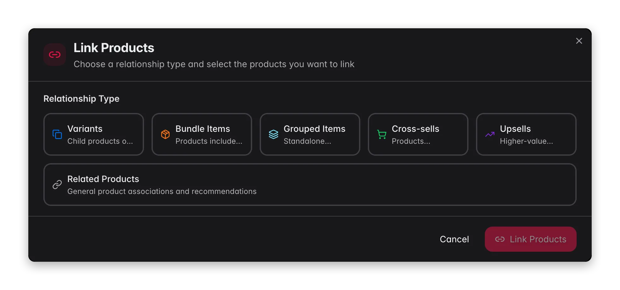 WISEPIM Link Products modal choosing a relationship type and selecting products to link