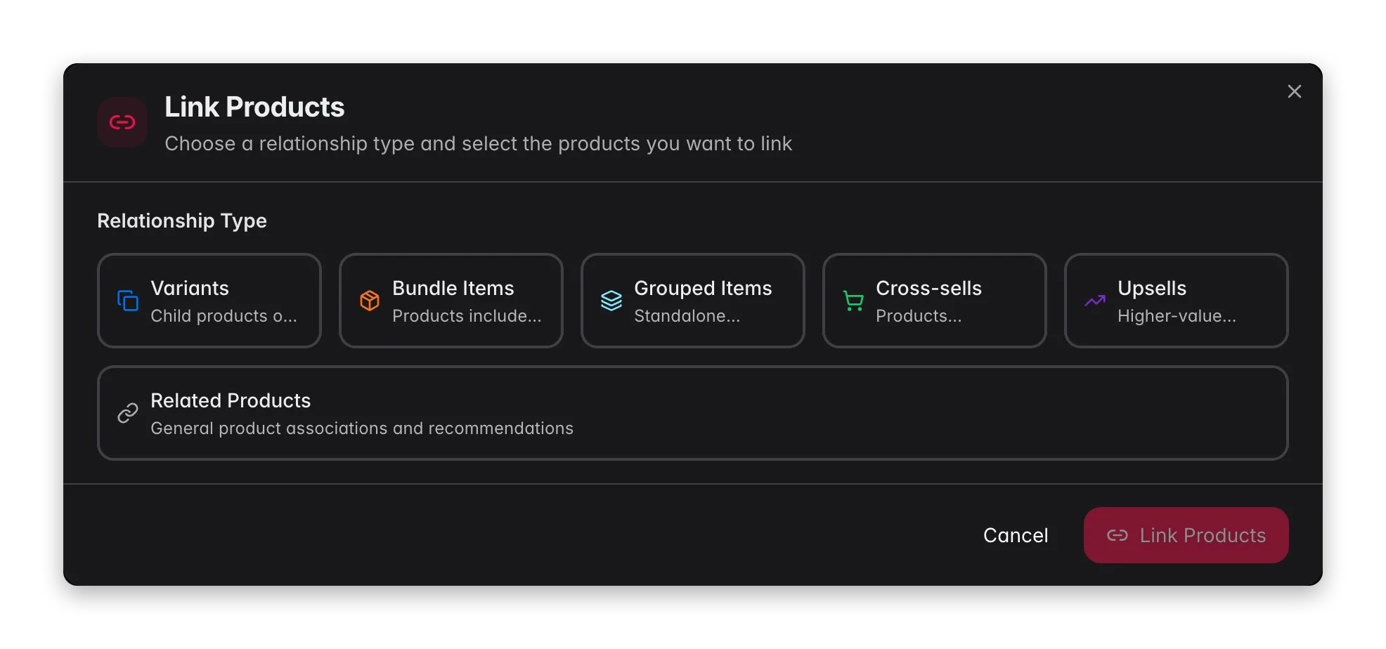 WISEPIM Link Products modal choosing a relationship type and selecting products to link
