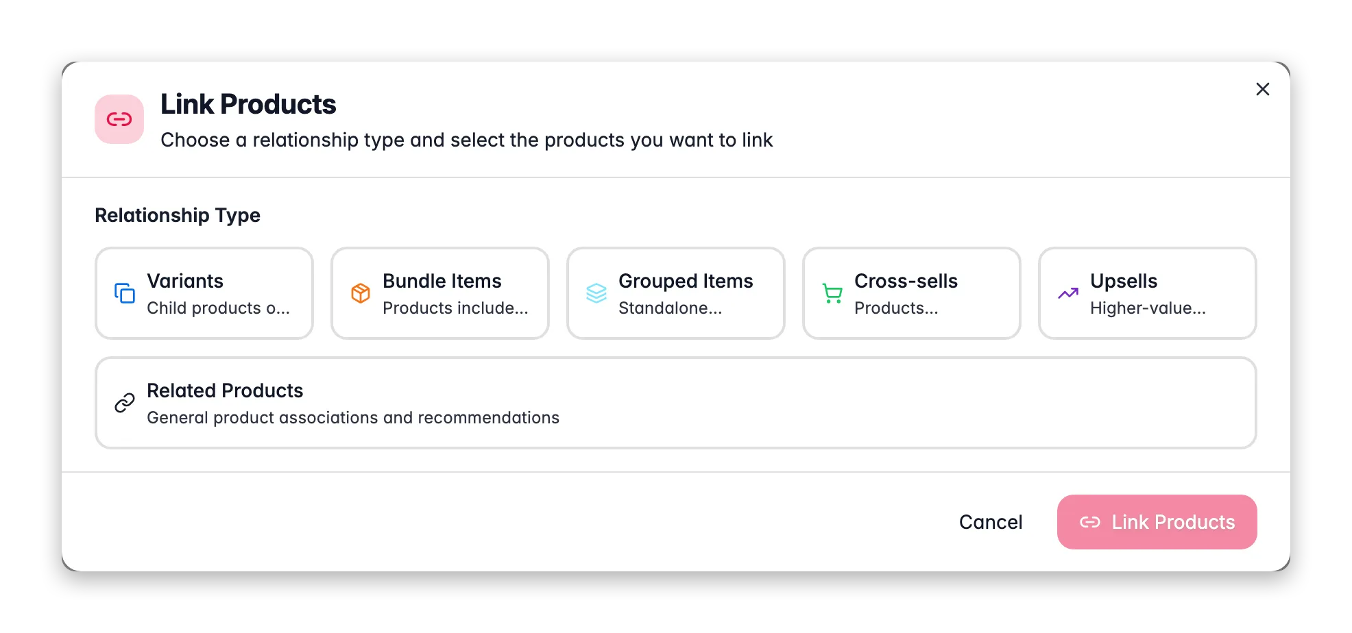 WISEPIM Link Products modal choosing a relationship type and selecting products to link