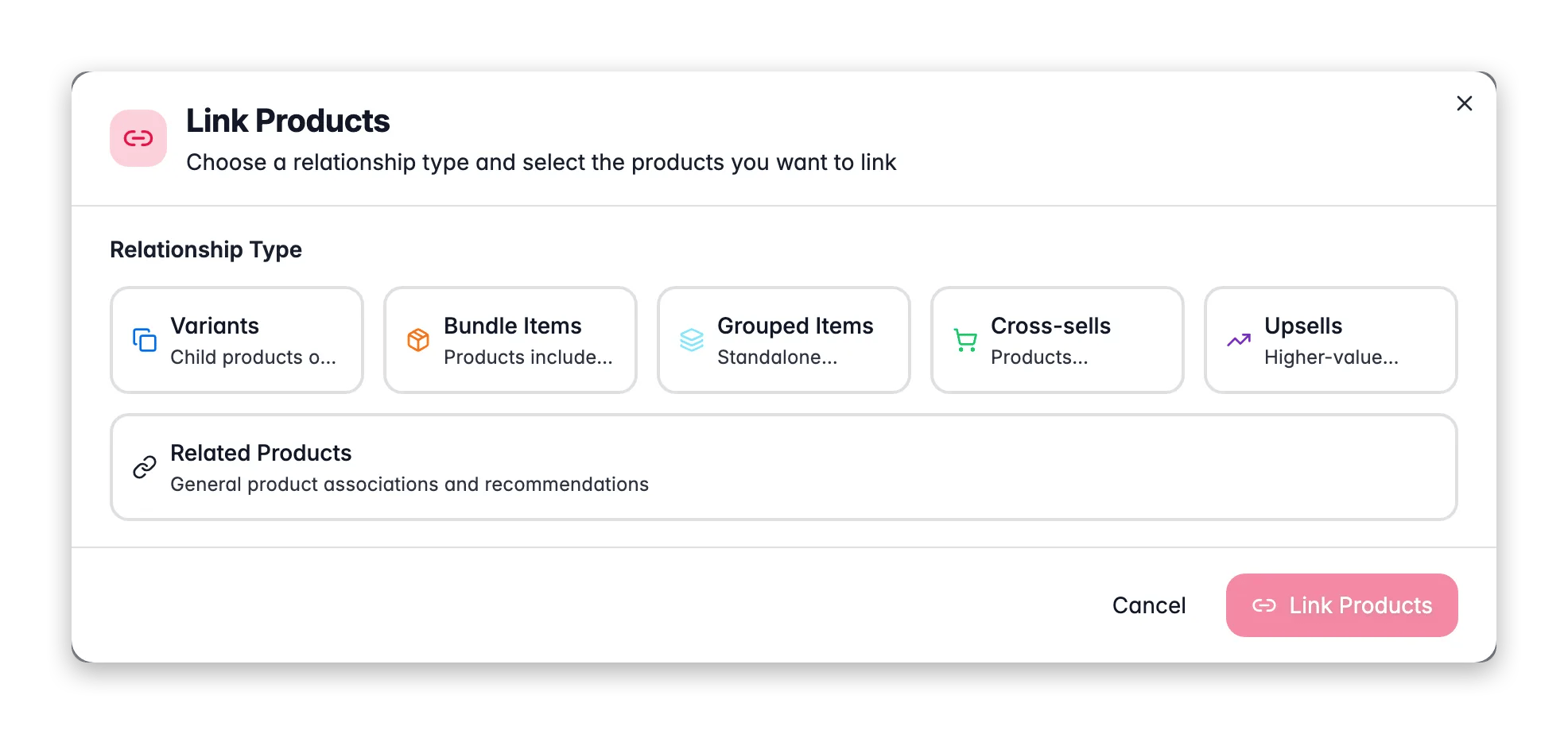 WISEPIM Link Products modal choosing a relationship type and selecting products to link