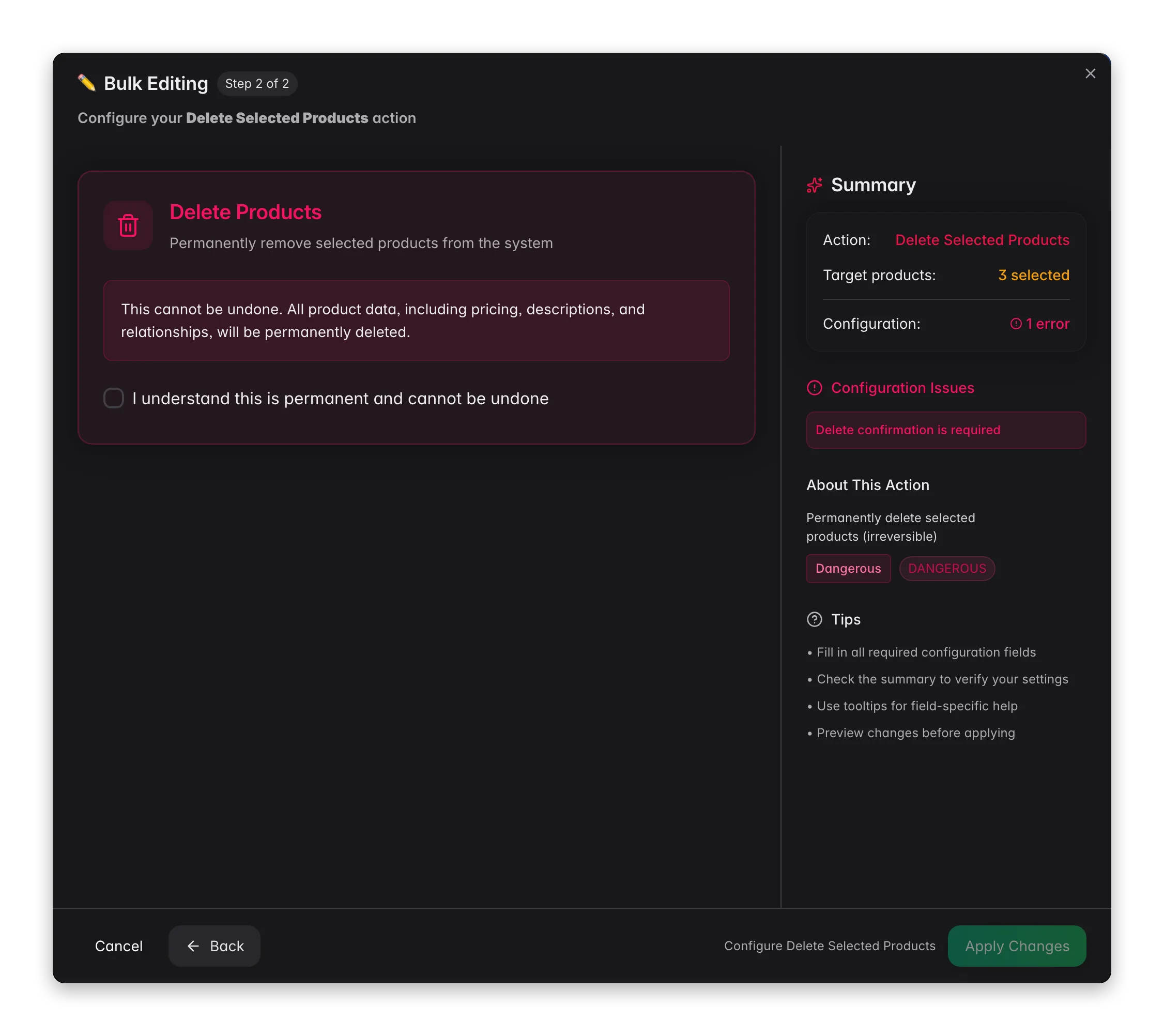 Bulk editing - the Delete Products confirmation with product count in WISEPIM