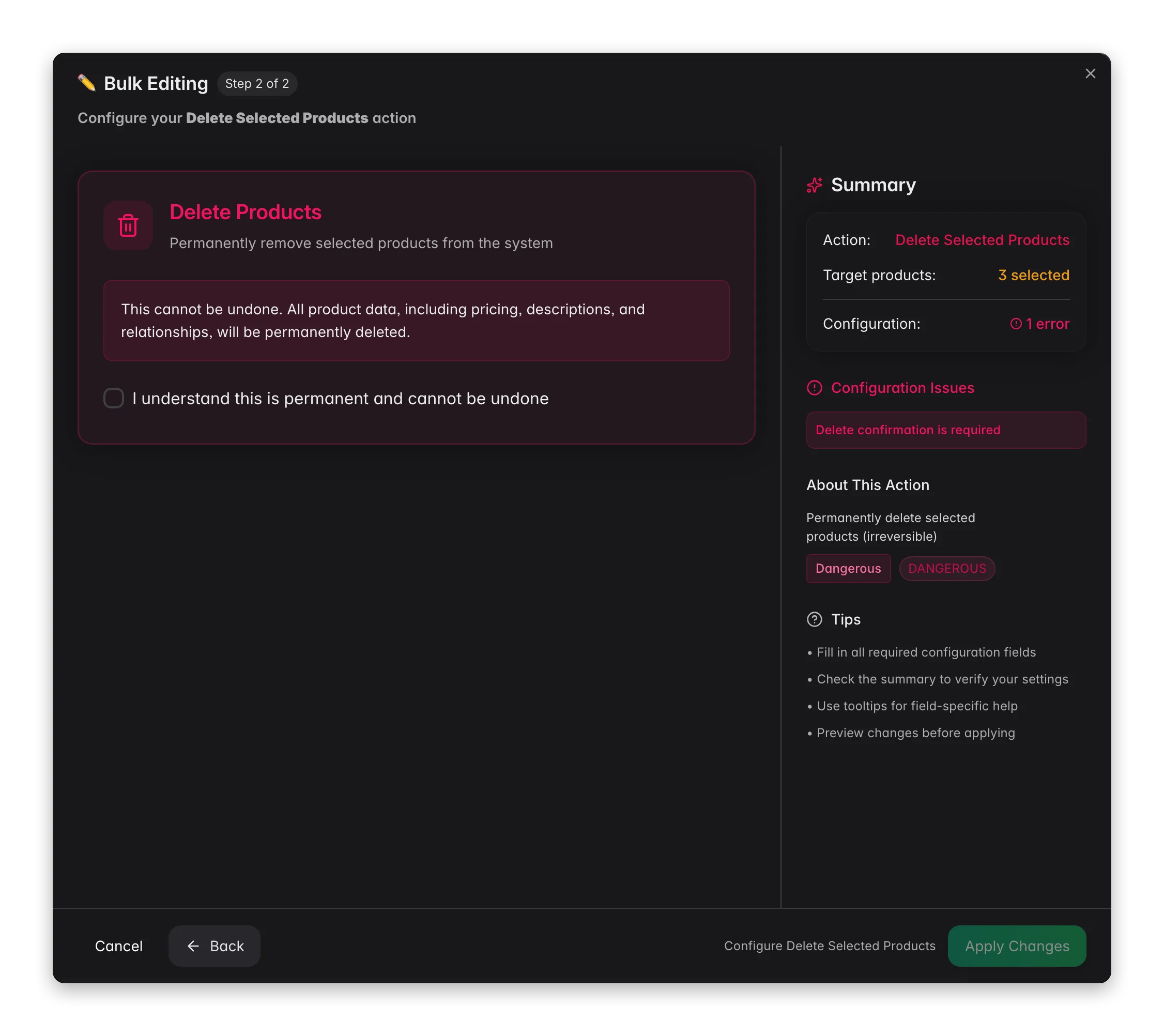Bulk editing - the Delete Products confirmation with product count in WISEPIM