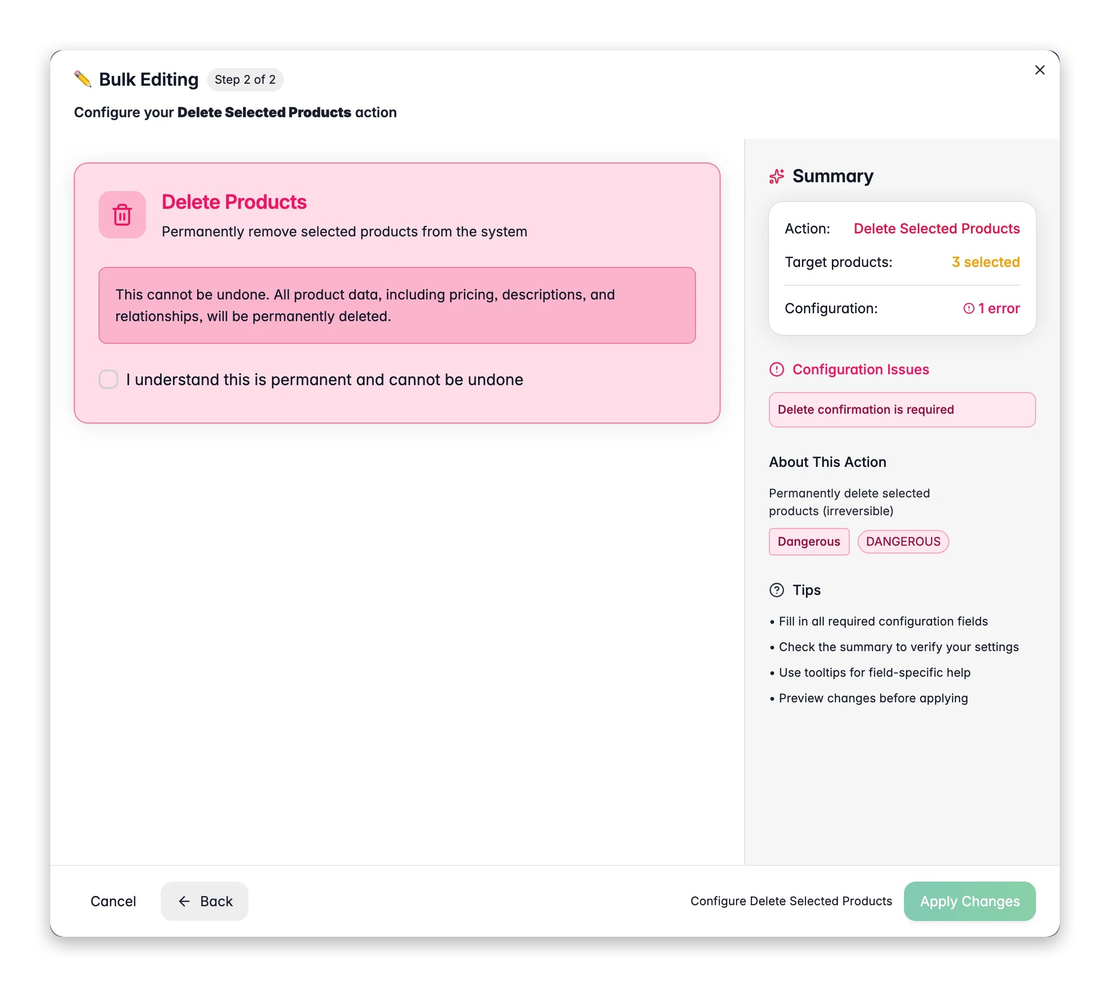 Bulk editing - the Delete Products confirmation with product count in WISEPIM