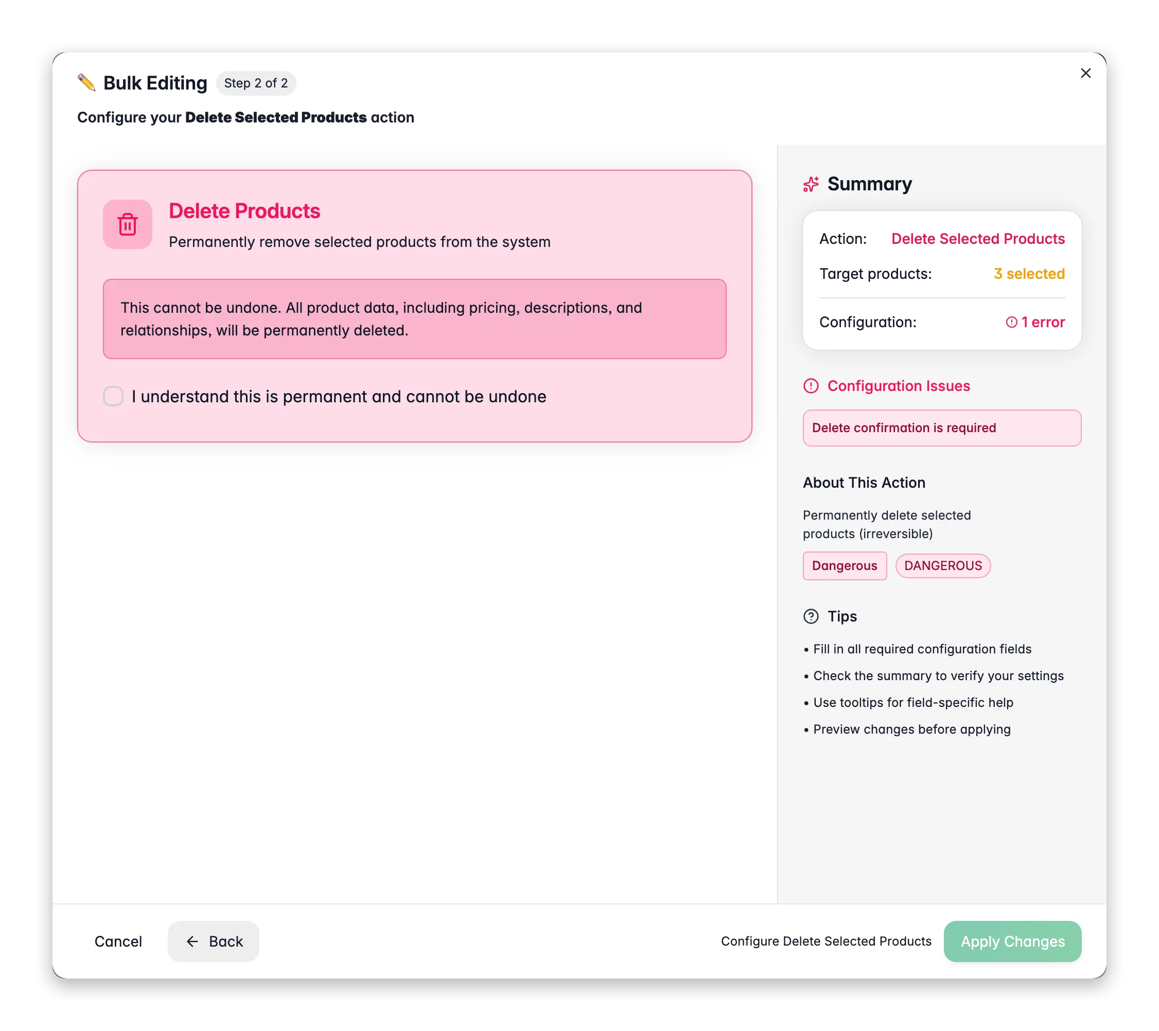 Bulk editing - the Delete Products confirmation with product count in WISEPIM