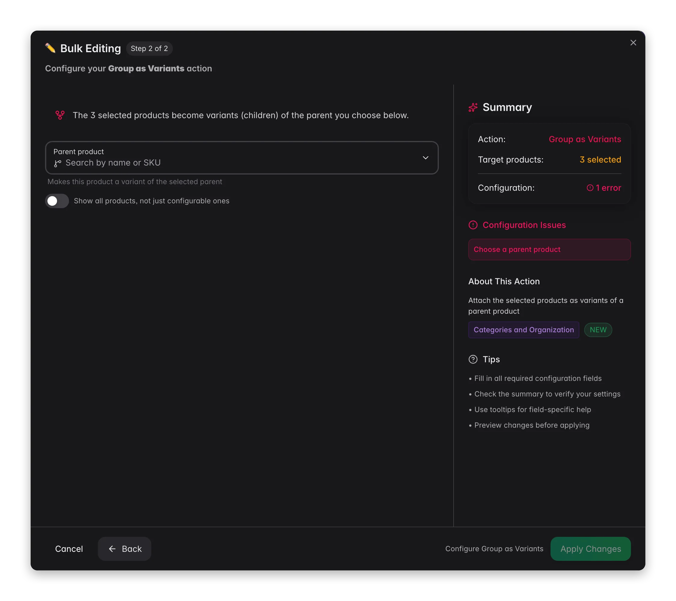 Bulk editing - Group as Variants across many products at once in WISEPIM