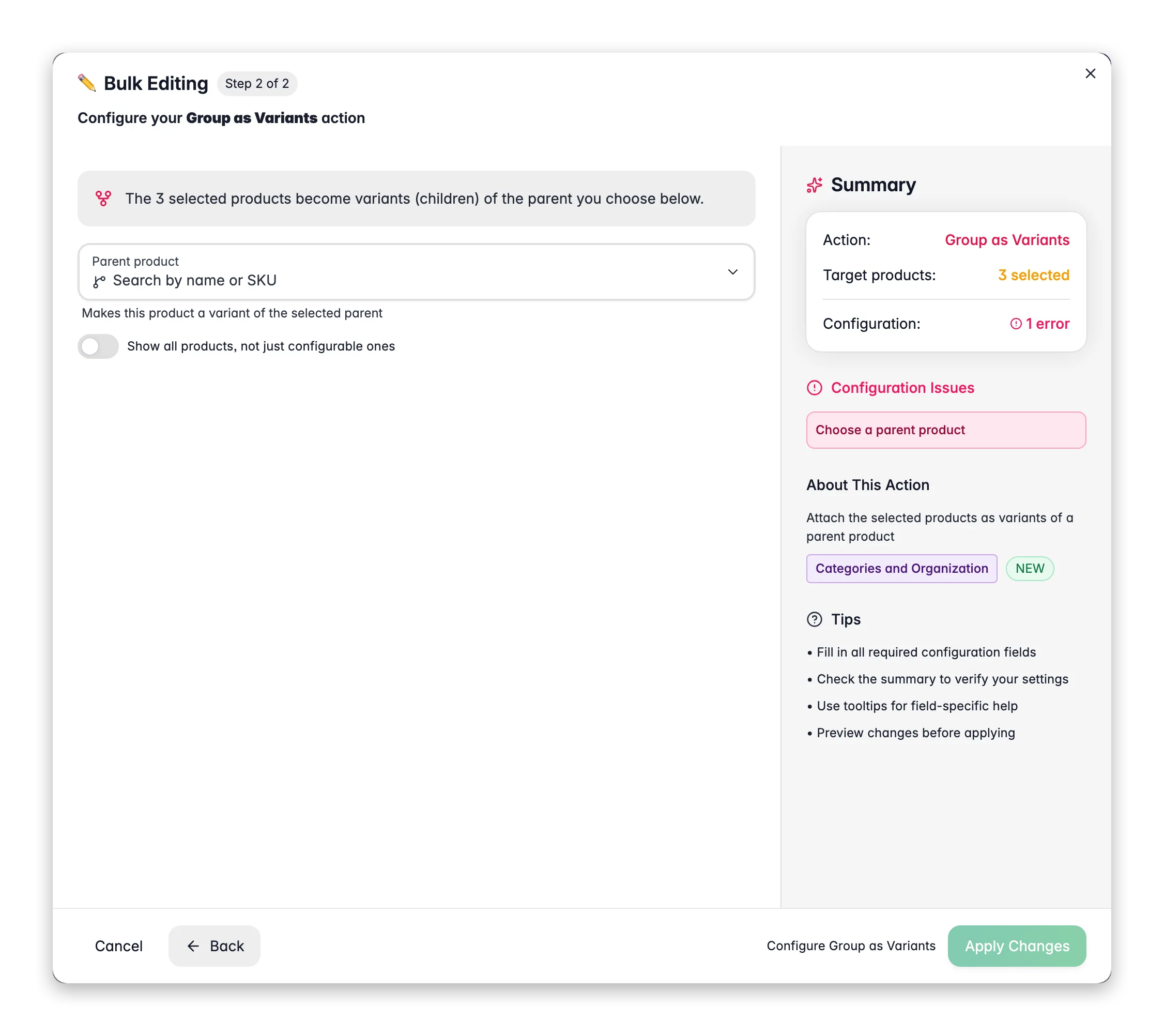Bulk editing - Group as Variants across many products at once in WISEPIM