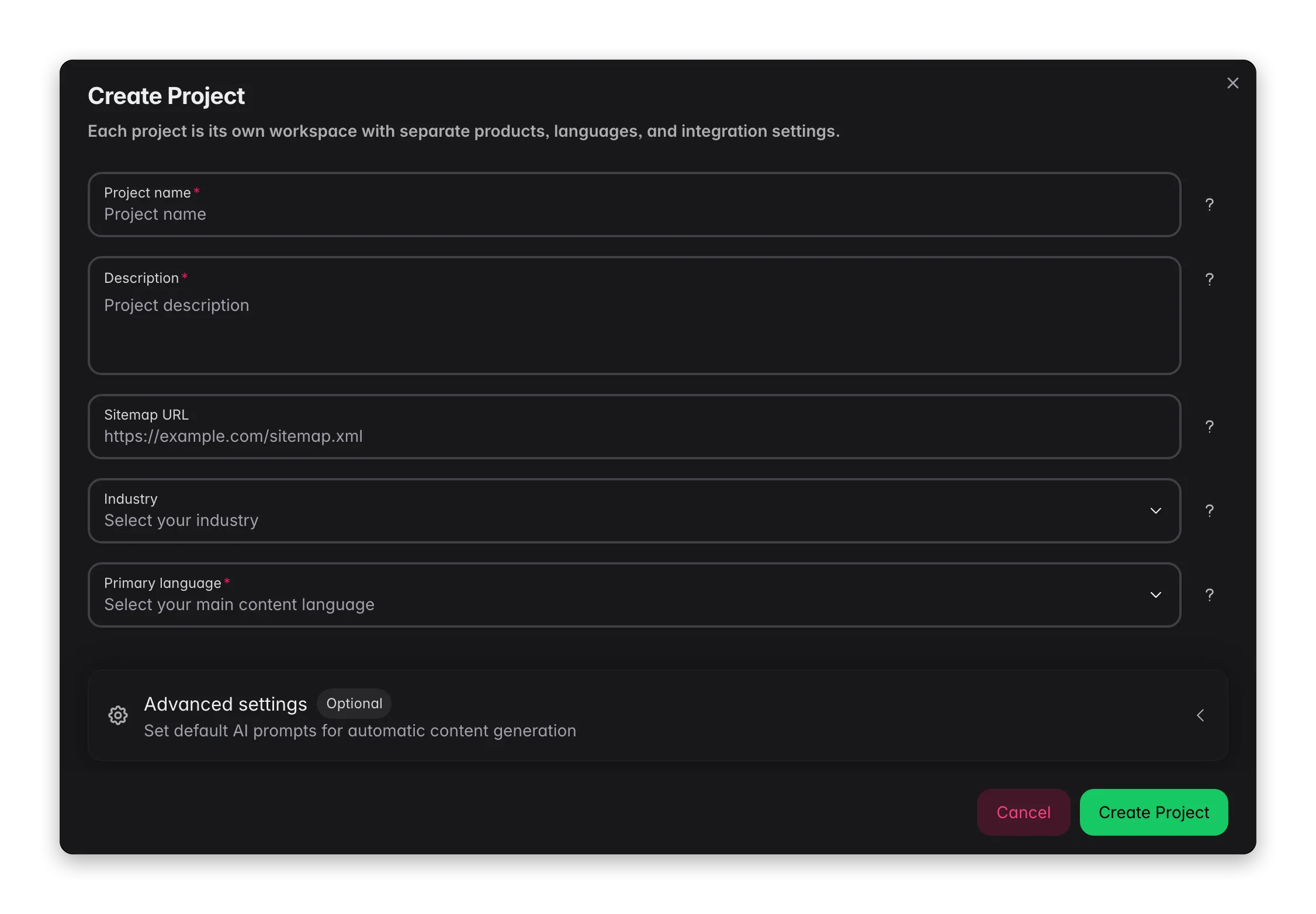 WISEPIM new project modal with name, target language, SEO keywords and default AI prompts