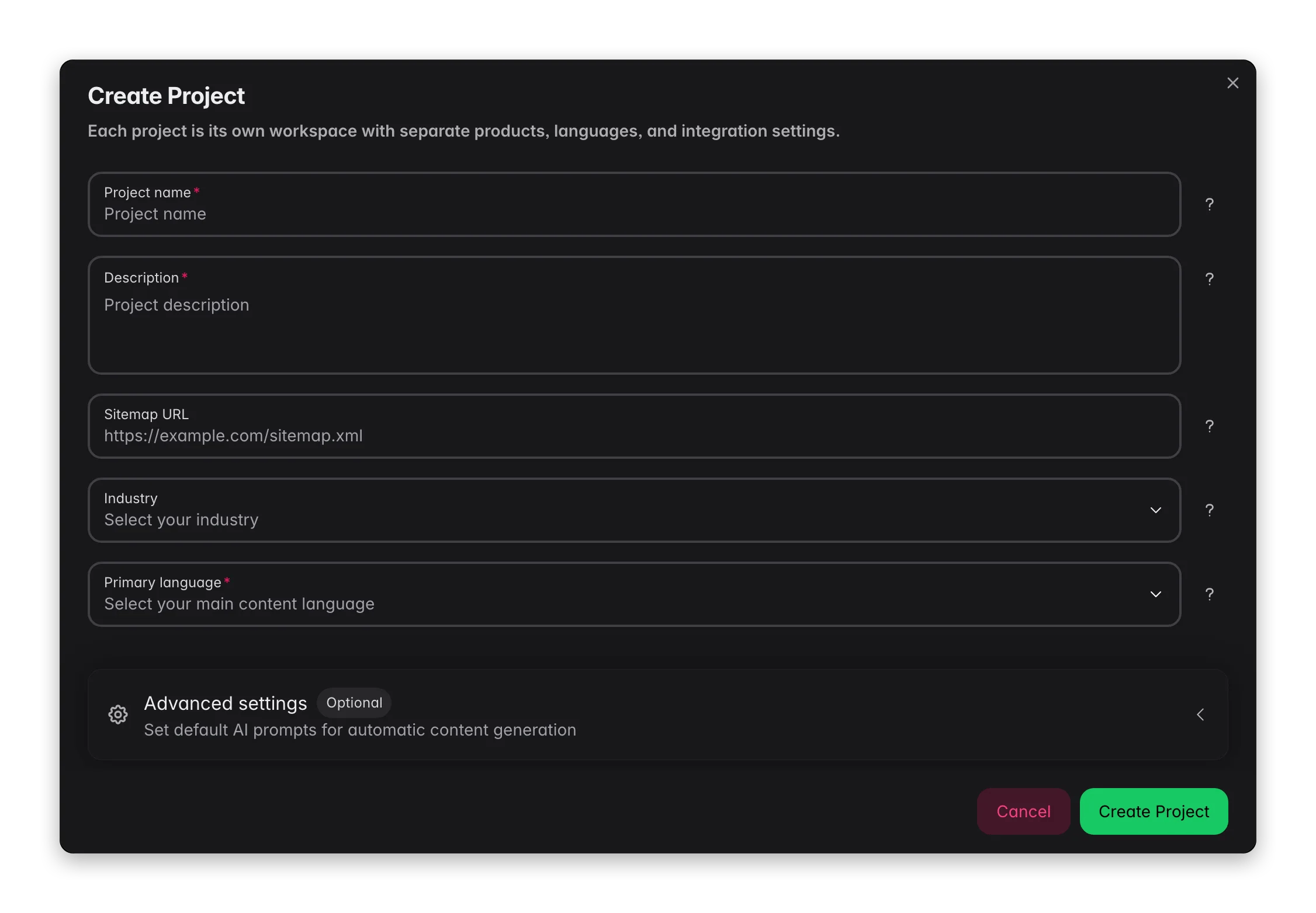 WISEPIM new project modal with name, target language, SEO keywords and default AI prompts