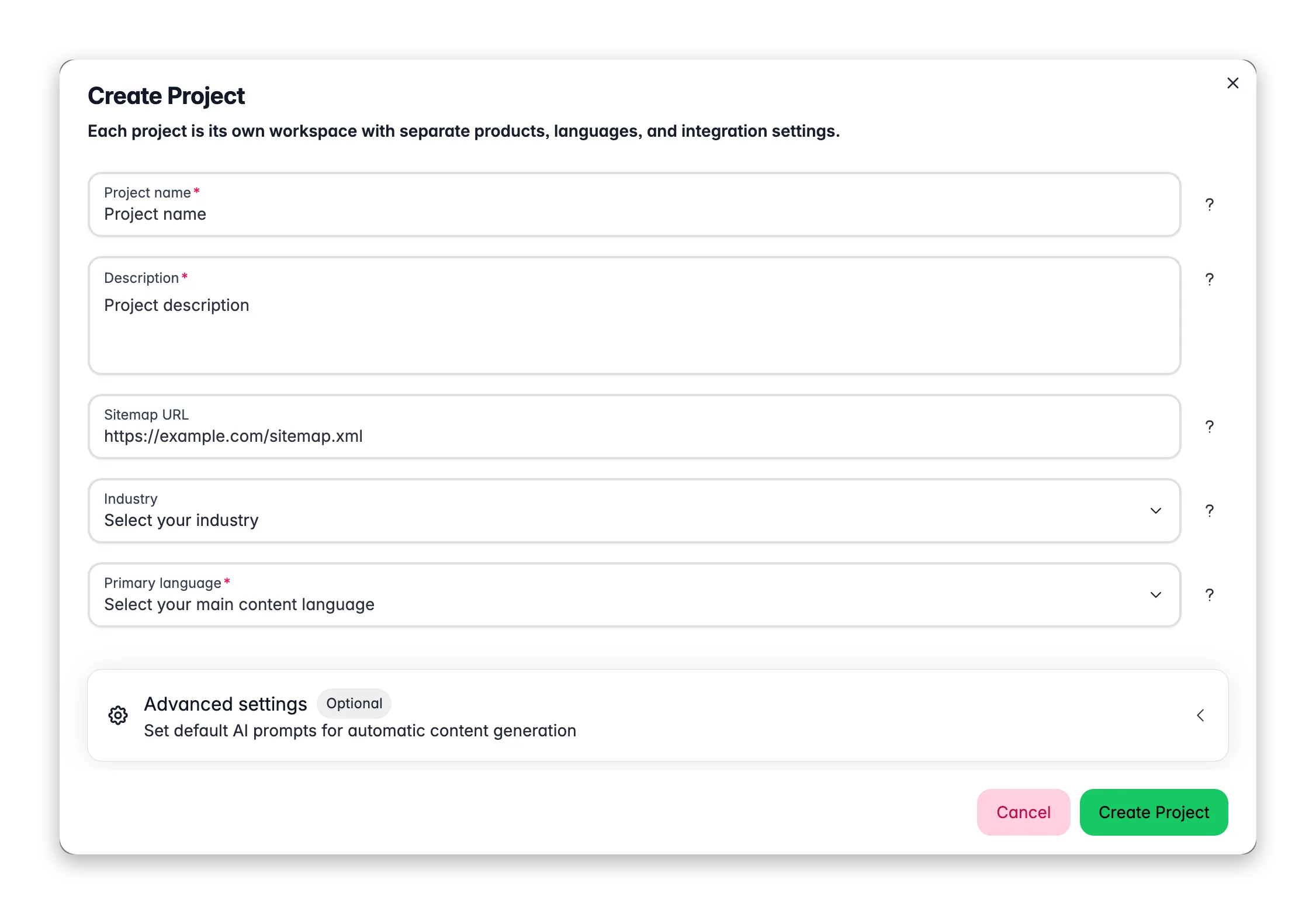 WISEPIM new project modal with name, target language, SEO keywords and default AI prompts