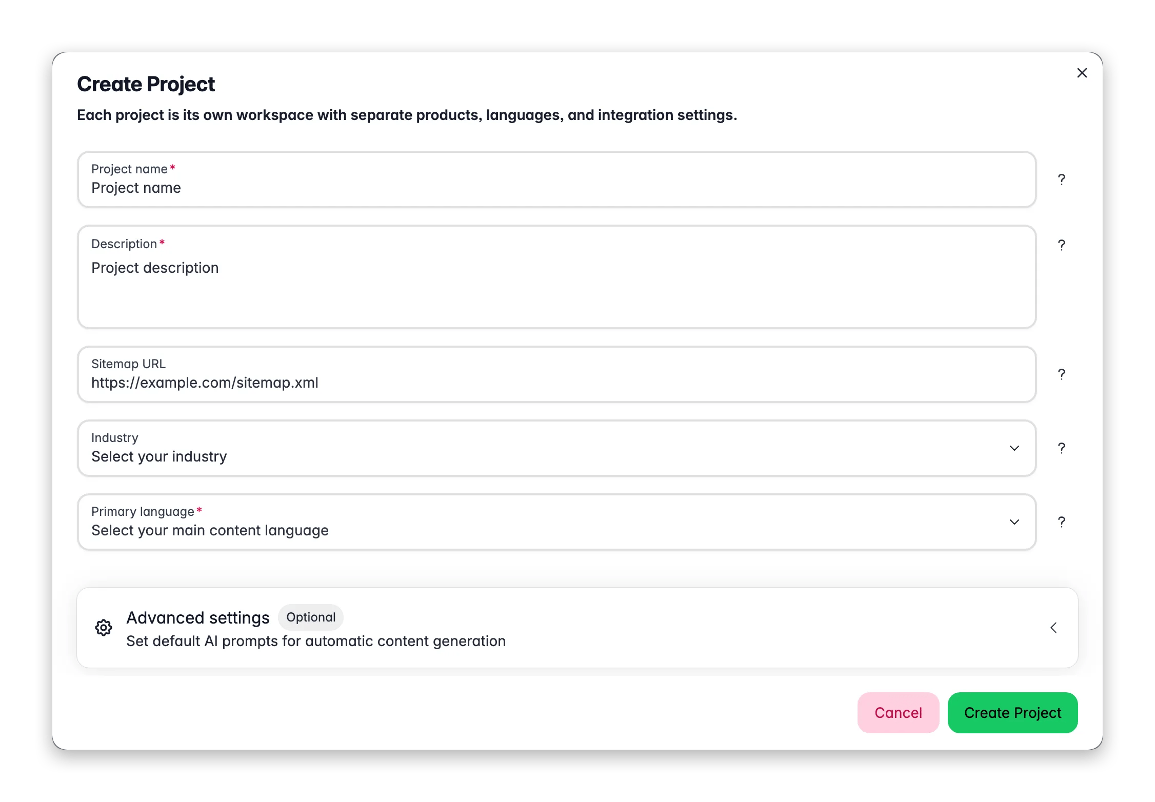 WISEPIM new project modal with name, target language, SEO keywords and default AI prompts