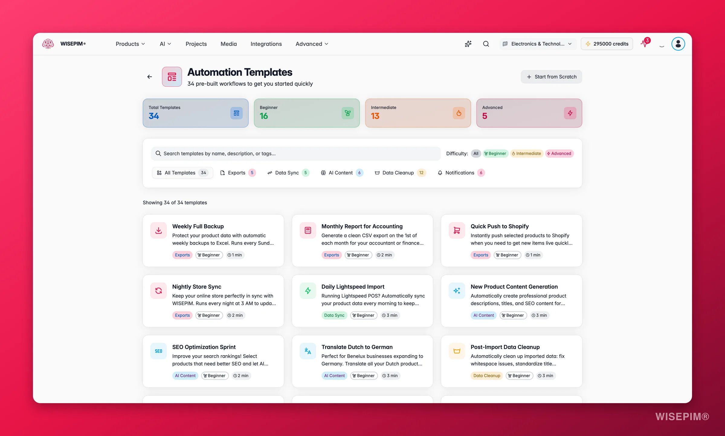 WISEPIM automation template gallery with ready-made workflows