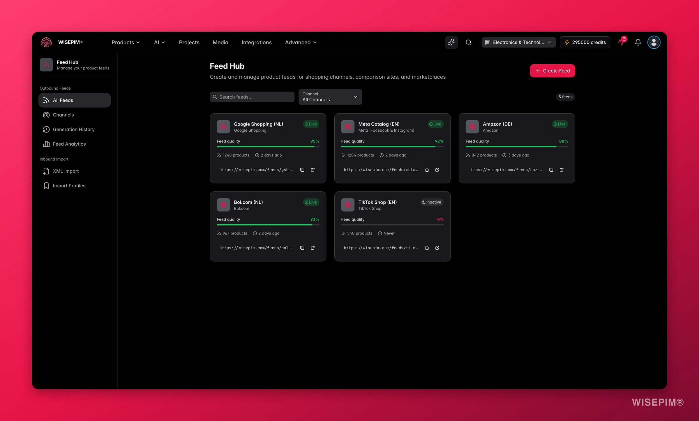 WISEPIM Feed Hub with outbound channel feeds and sync status