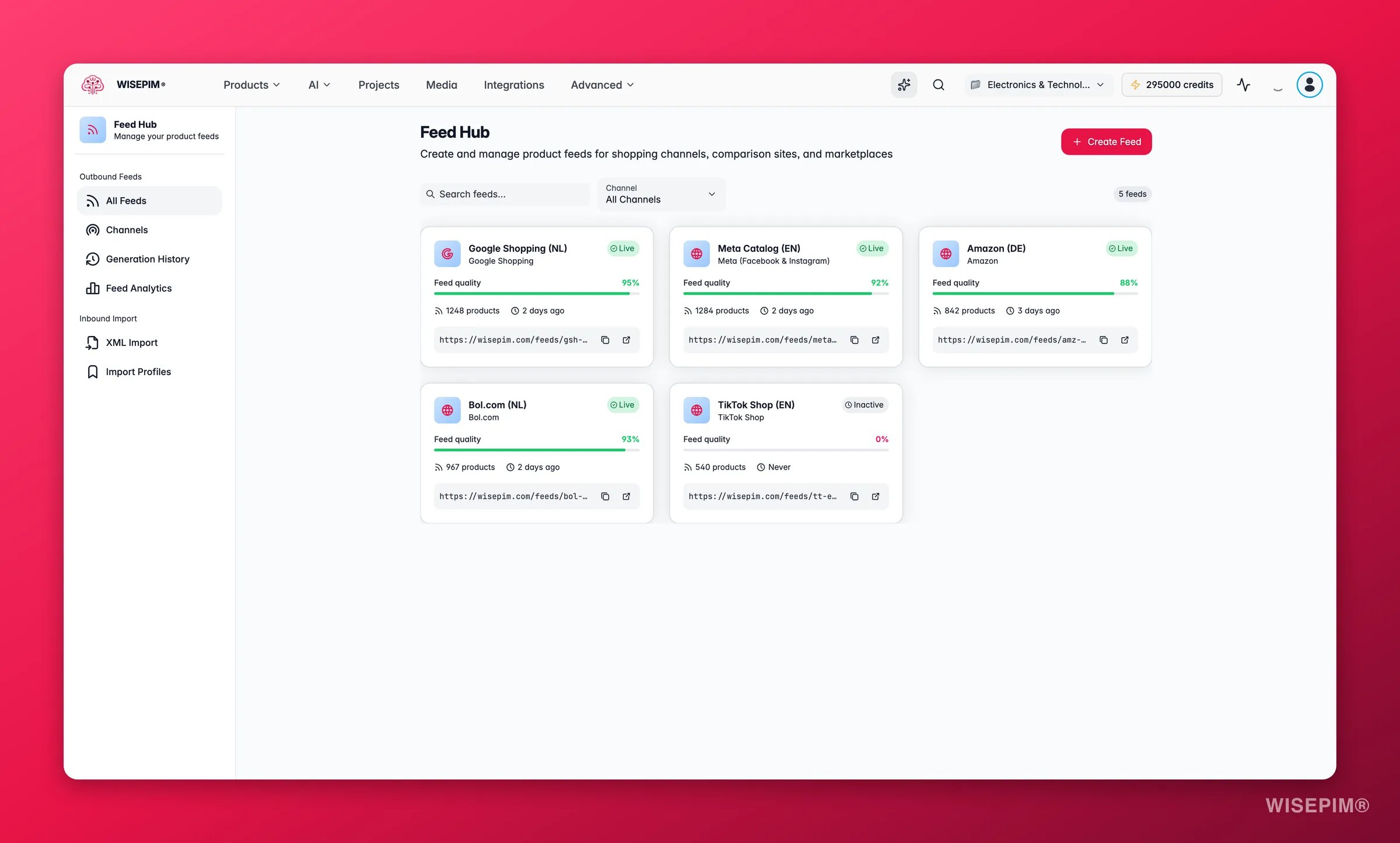 WISEPIM Feed Hub with outbound channel feeds and sync status