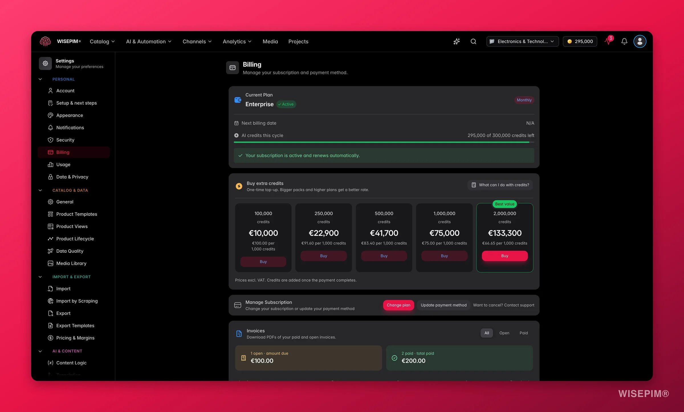 WISEPIM billing, plan and credit usage
