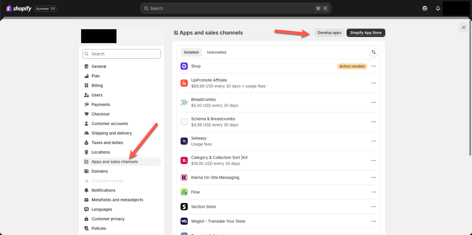 Shopify admin - Develop Apps
