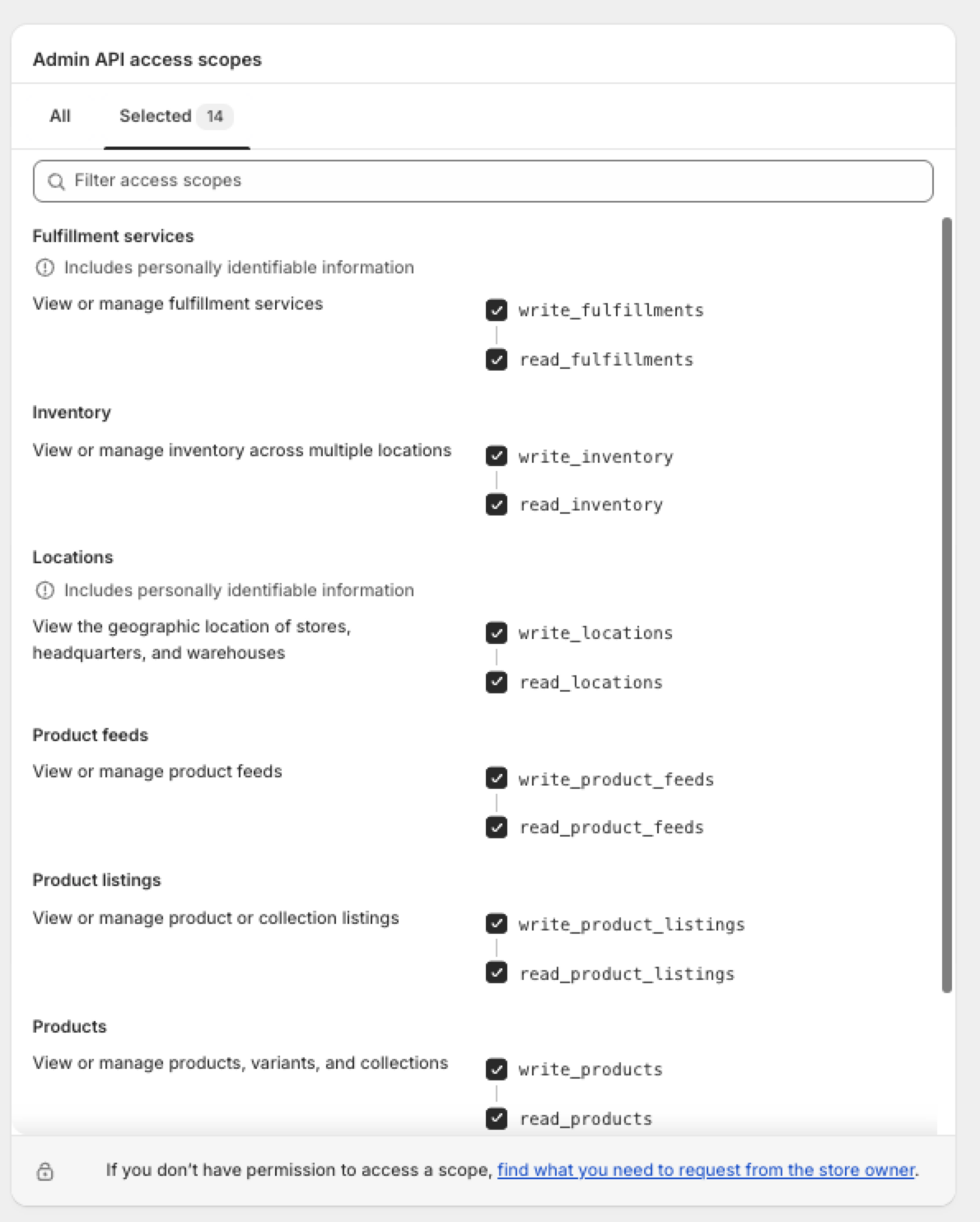 Shopify admin - API settings rights