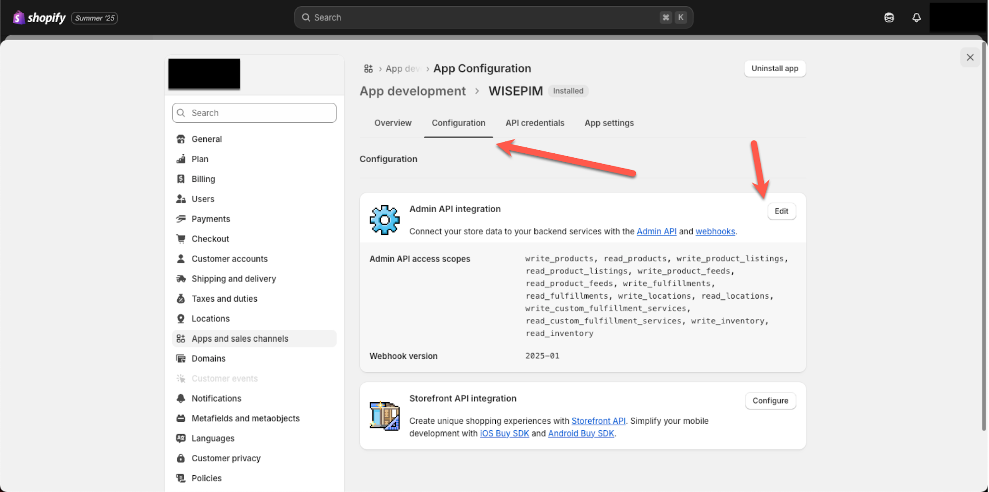 Shopify admin - Configuration