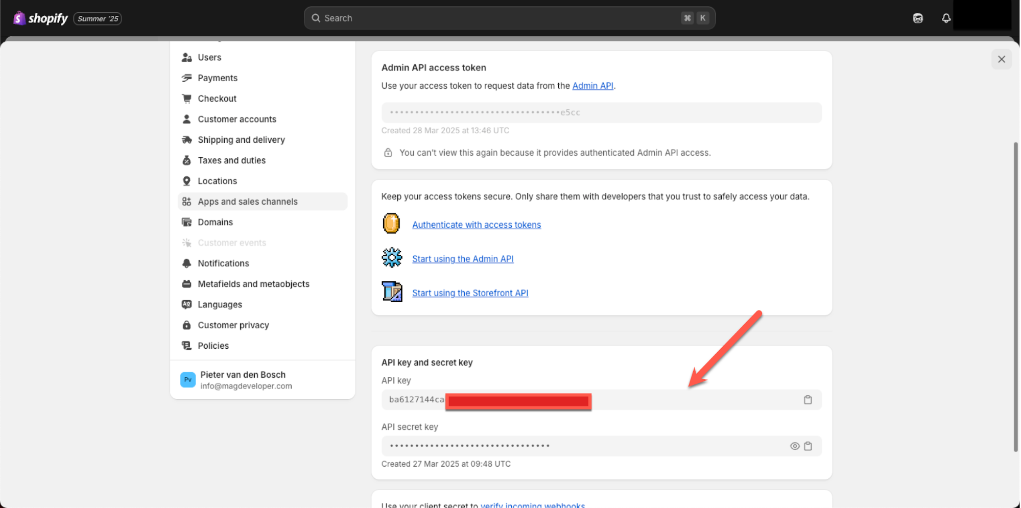 Shopify admin - API settings rights
