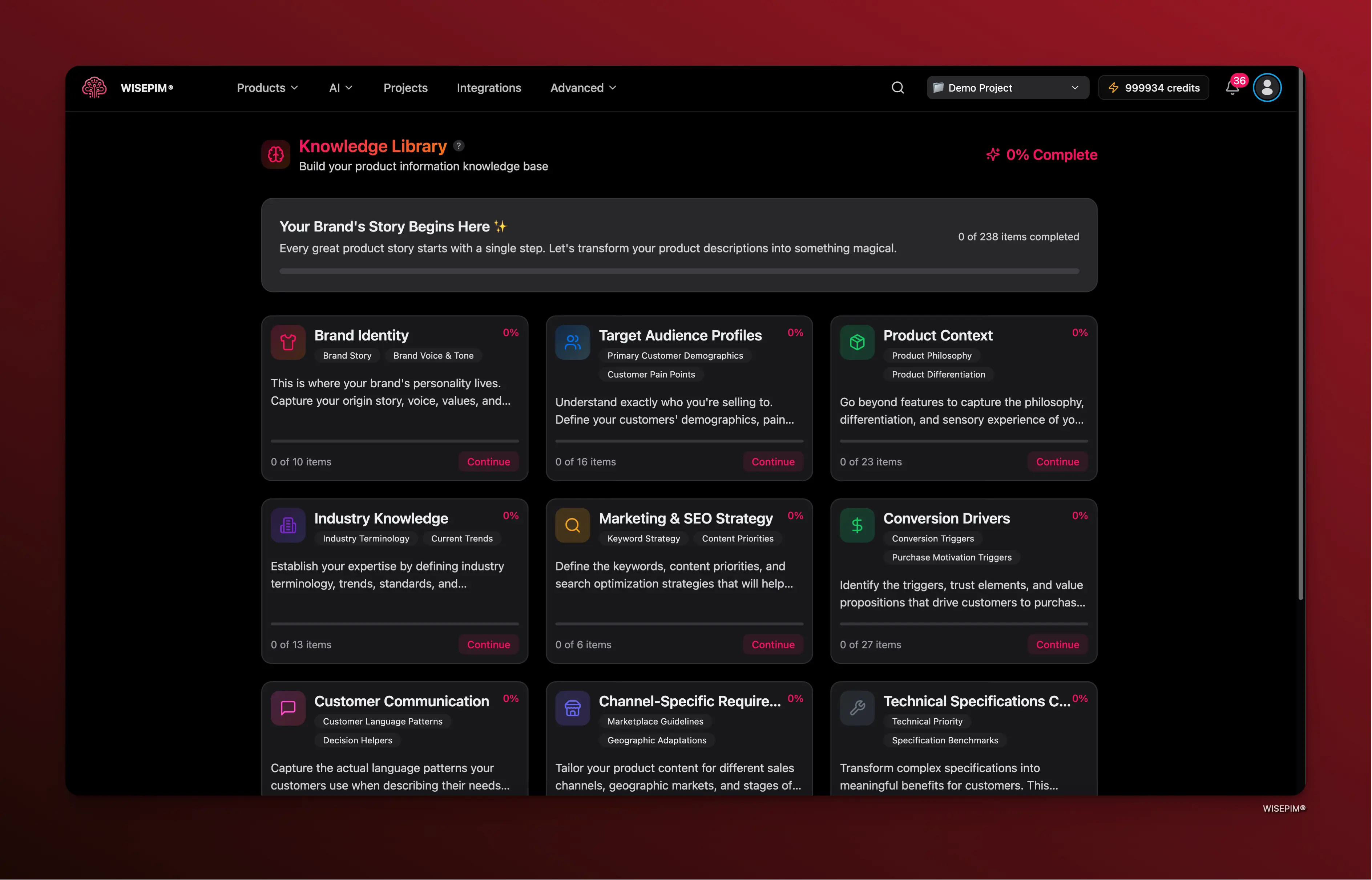 Knowledge Library interface showing completion progress and knowledge categories