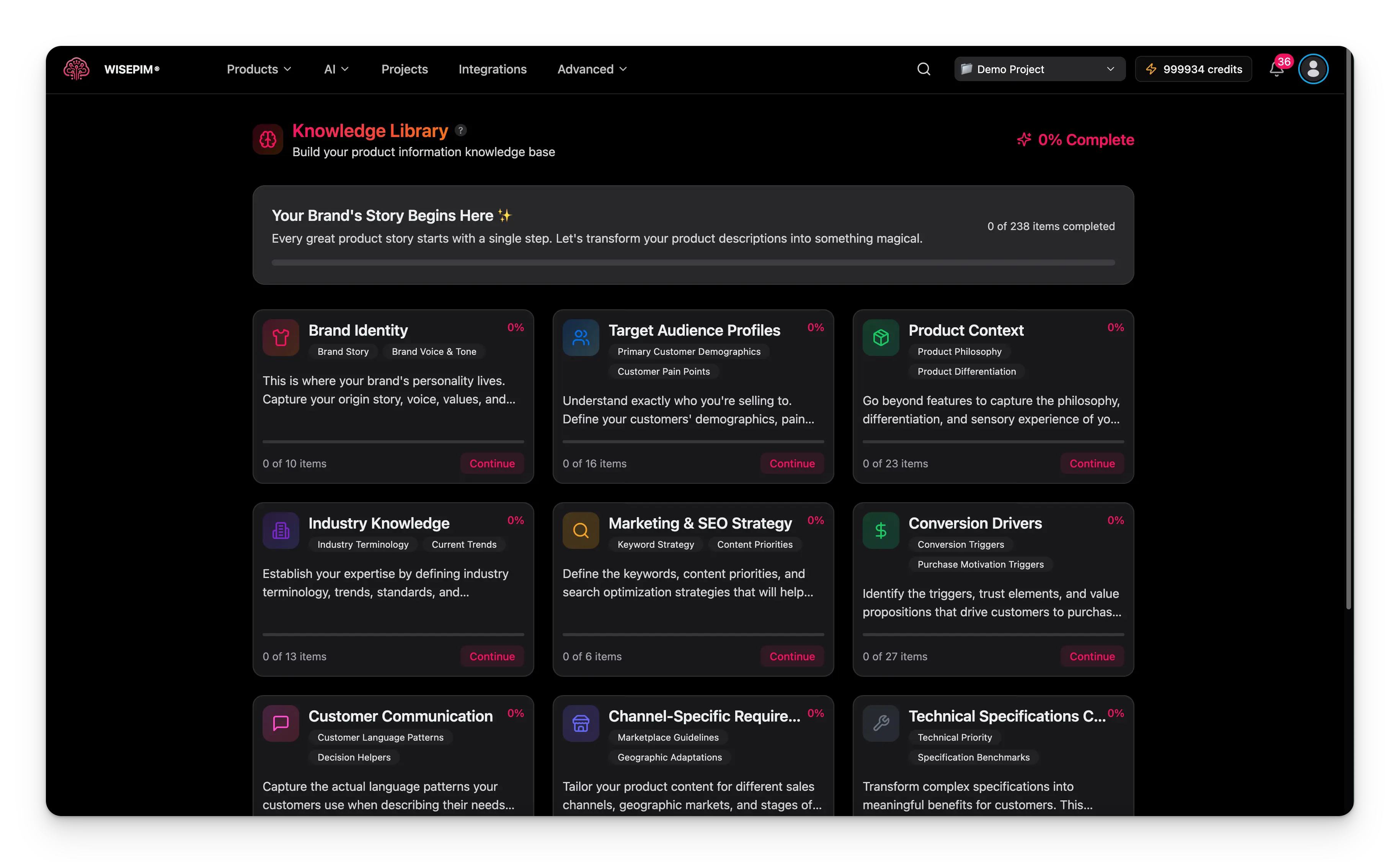 Knowledge Library overview showing completion progress and category cards