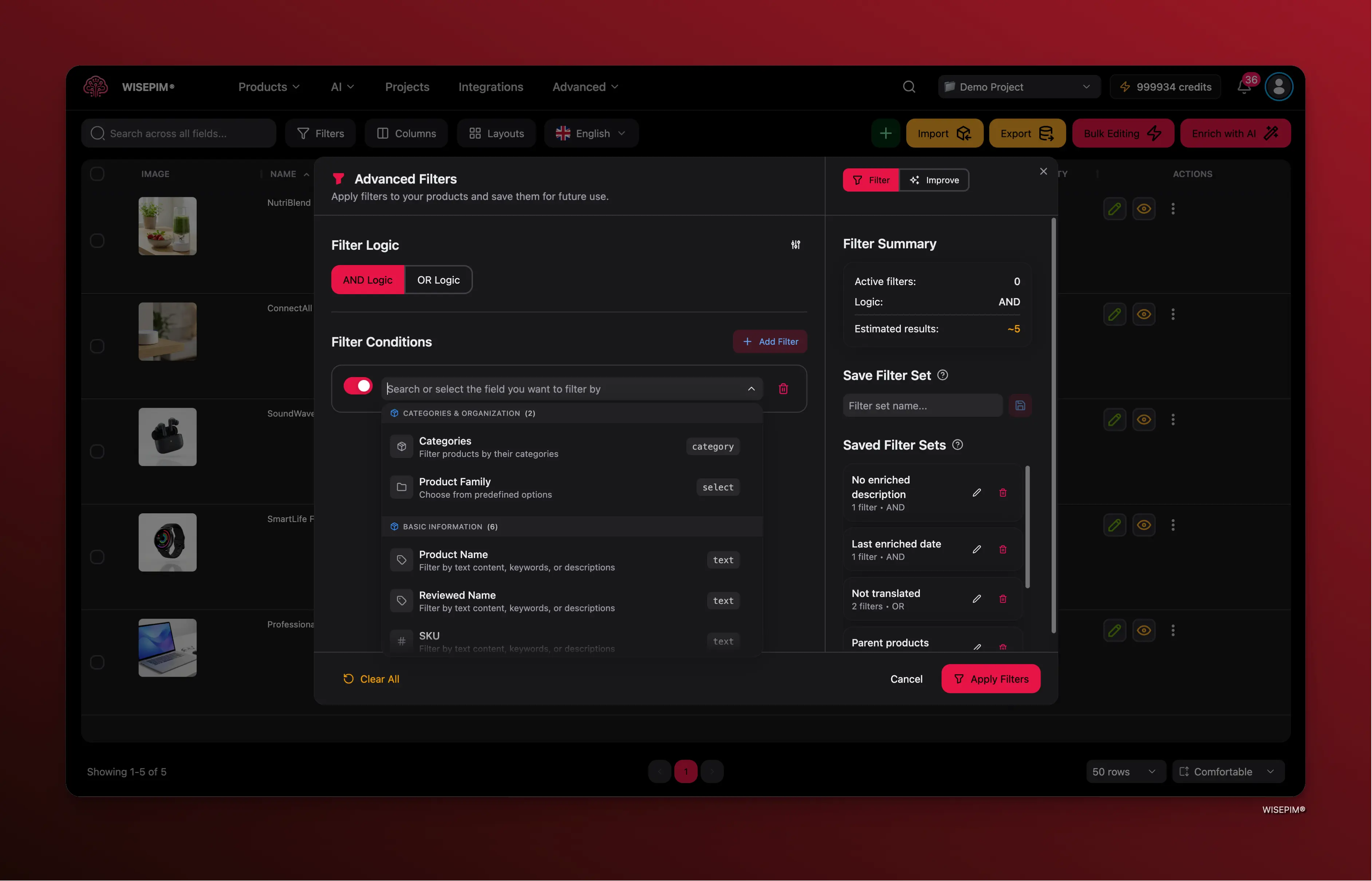 Advanced filter modal showing filter conditions, logic toggles, and saved filter sets