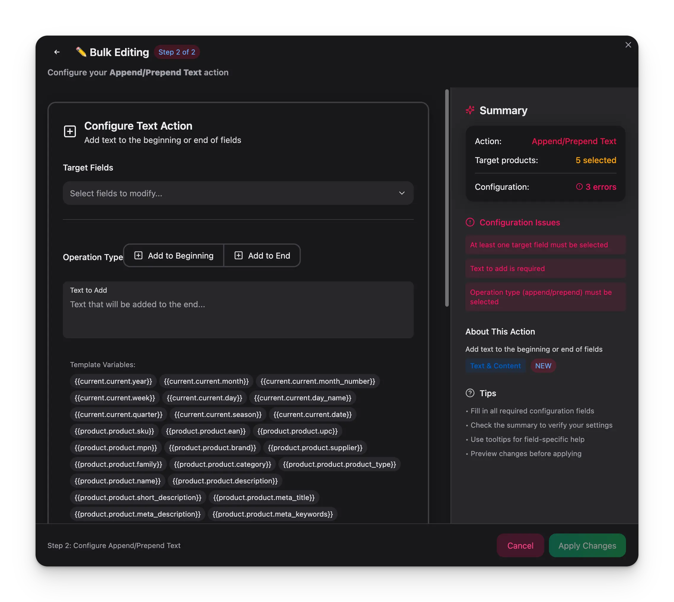 Append/Prepend Text bulk action showing operation selection and template variable chips
