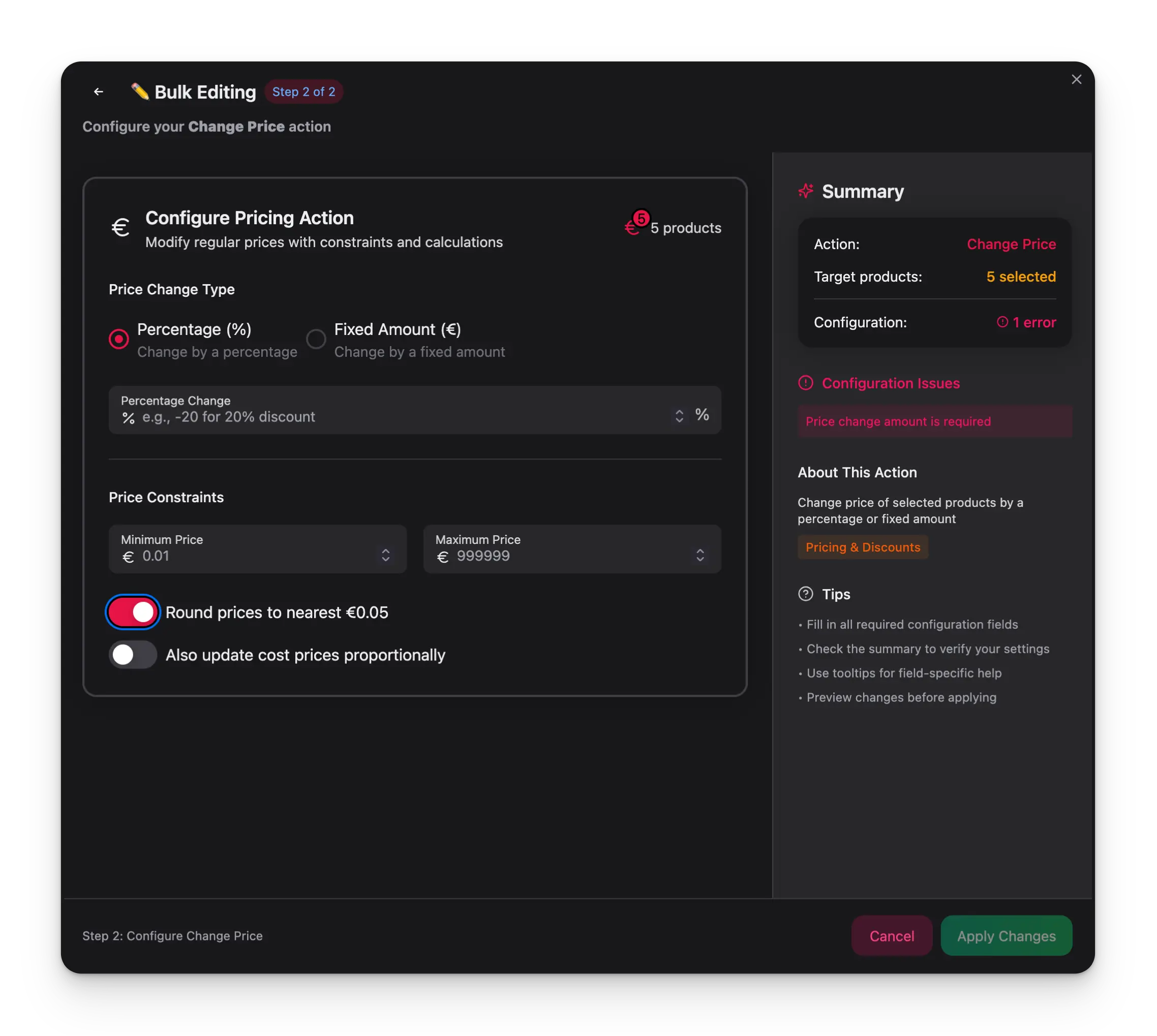 Change Price bulk action showing percentage/fixed amount options and impact calculator