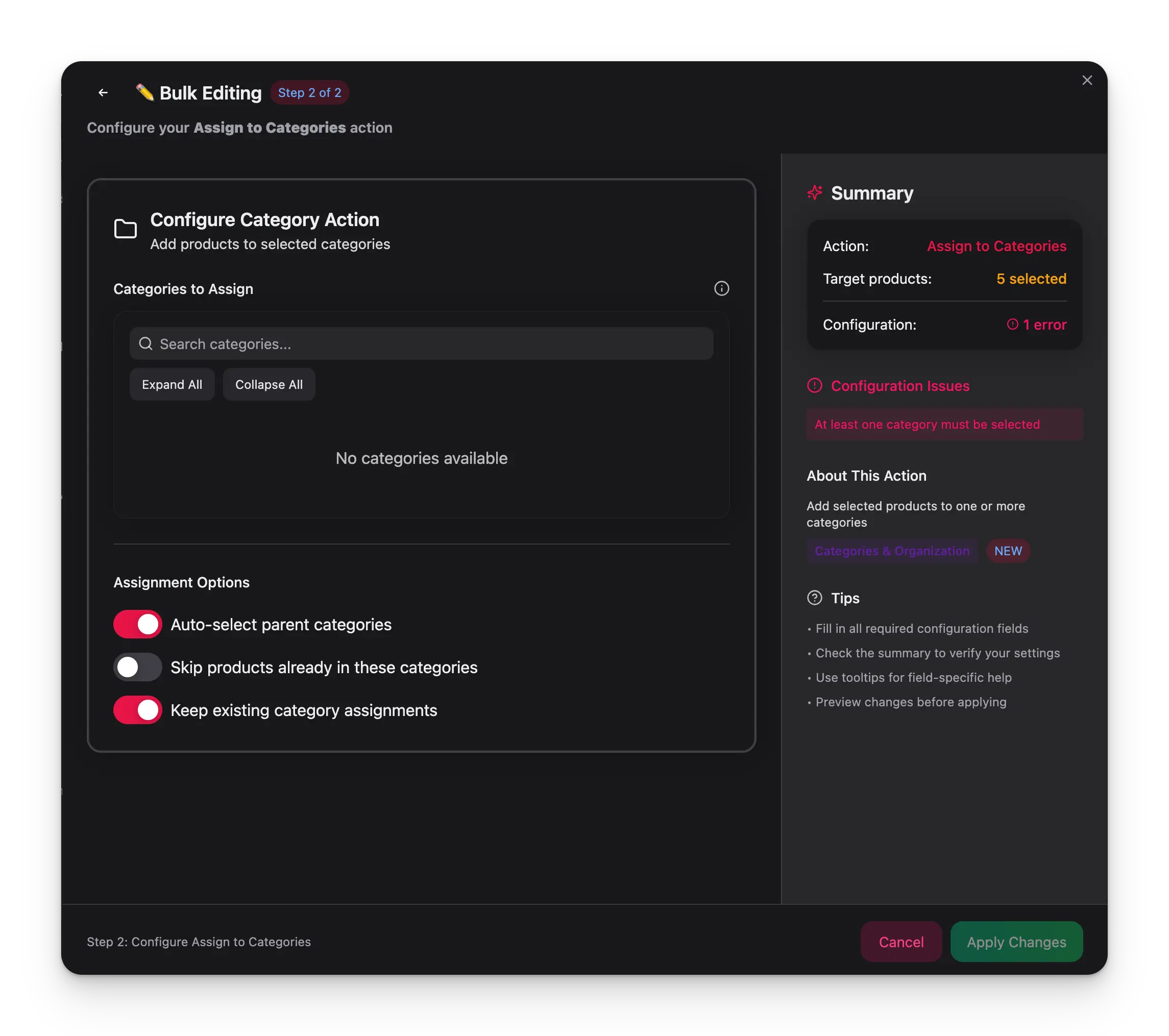 Assign to Categories bulk action showing category tree selector and auto-select options