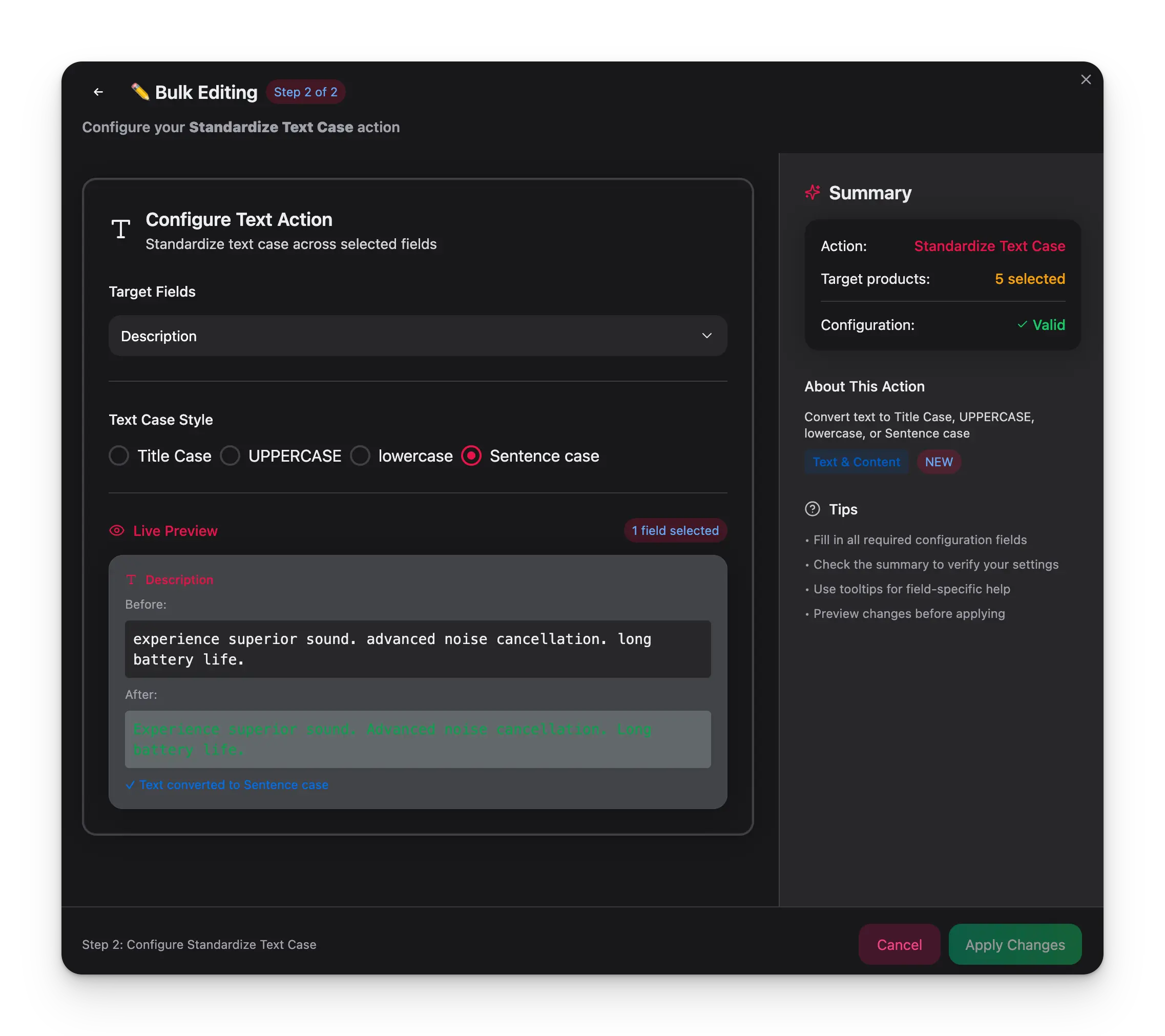 Standardize Text Case bulk action showing case style options and live preview