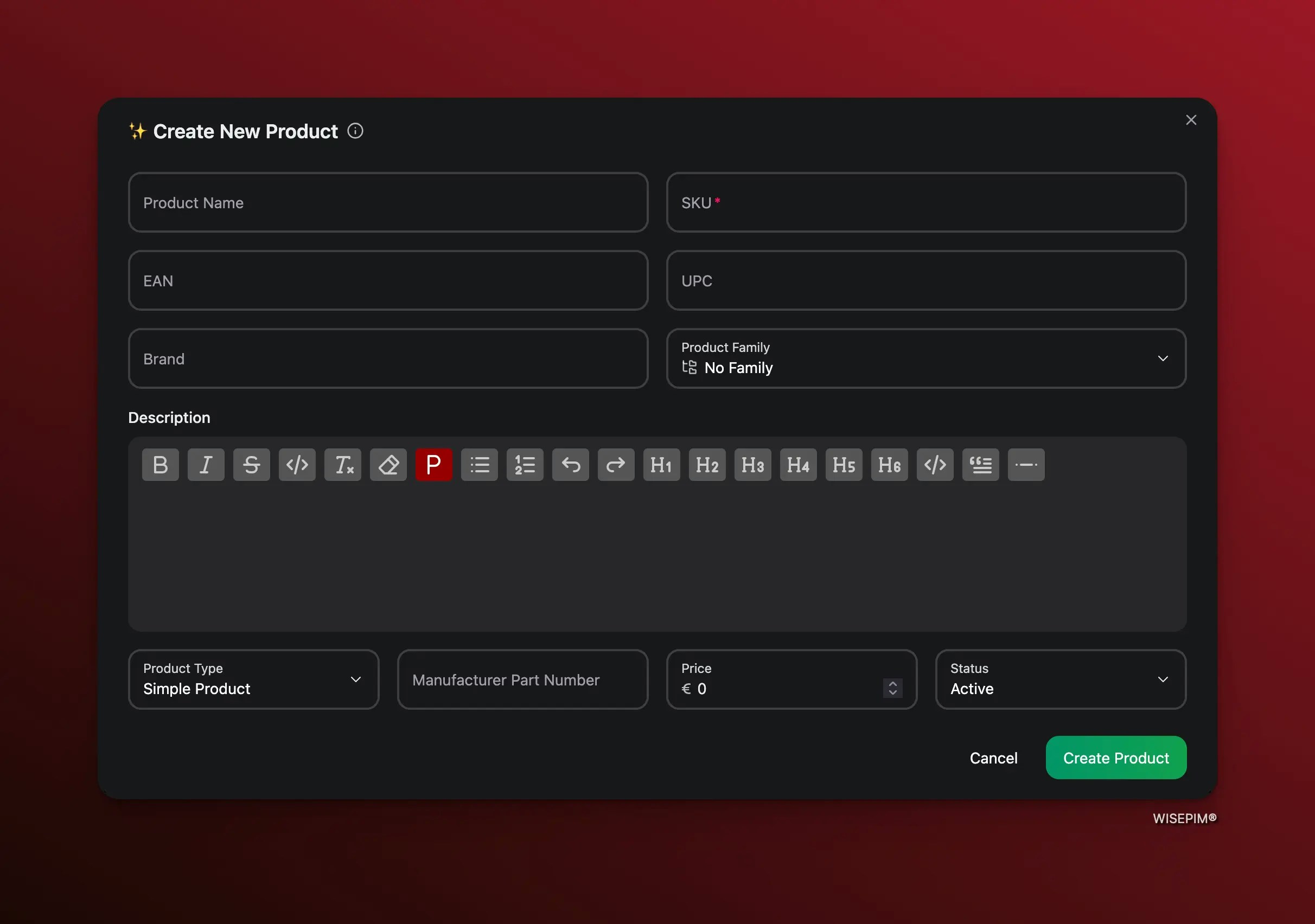 Create New Product modal showing product fields and smart defaults