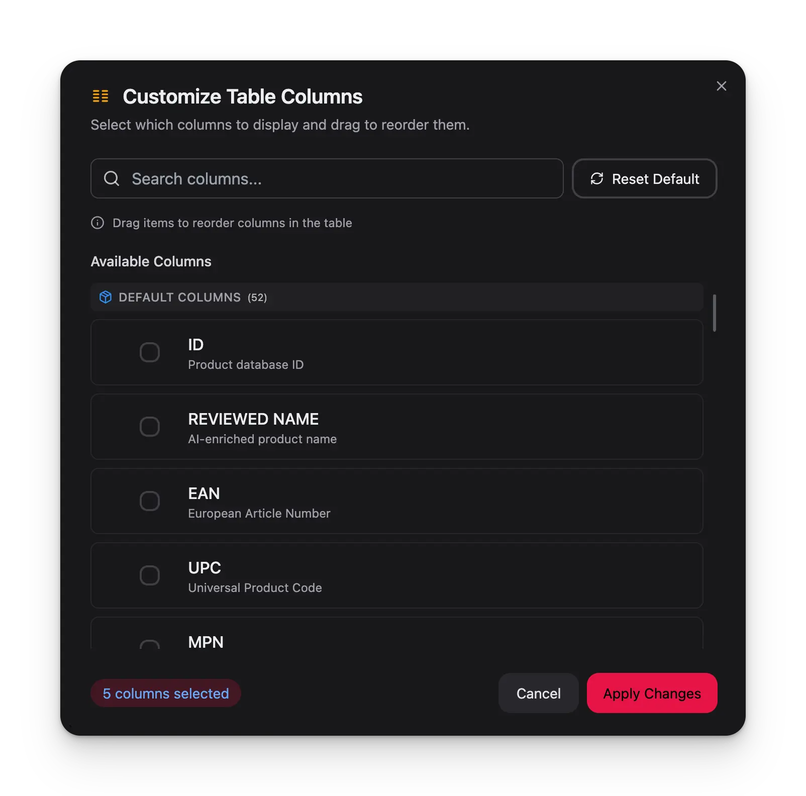 Column selection showing column groups with drag-and-drop reordering